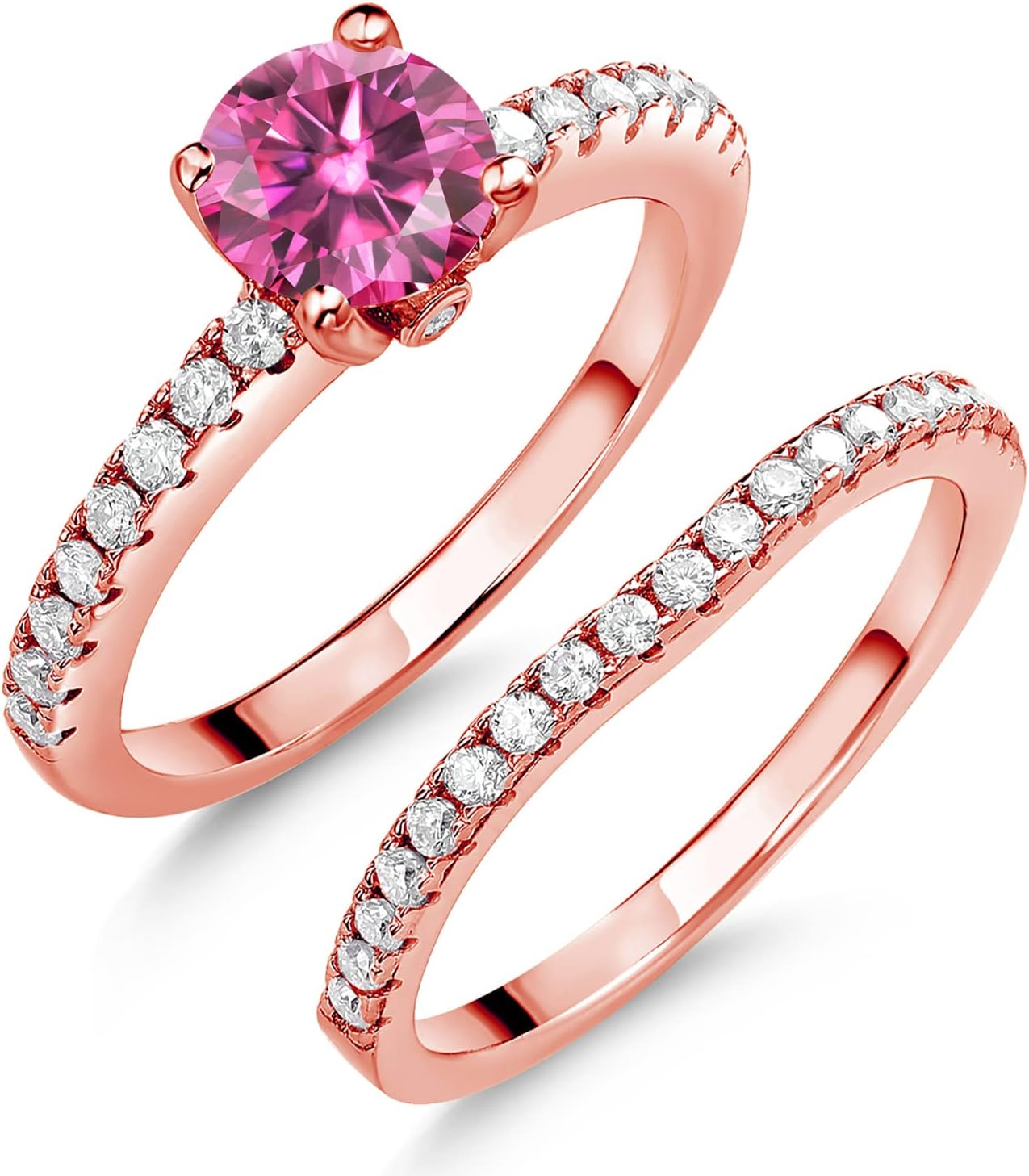 Gem Stone King 18K Rose Gold Plated Silver Gemstone Birthstone and White Moissanite Wedding Engagement Band Bridal Set Ring for Women | Round 6MM and 1.3MM | Available in Size 5-9