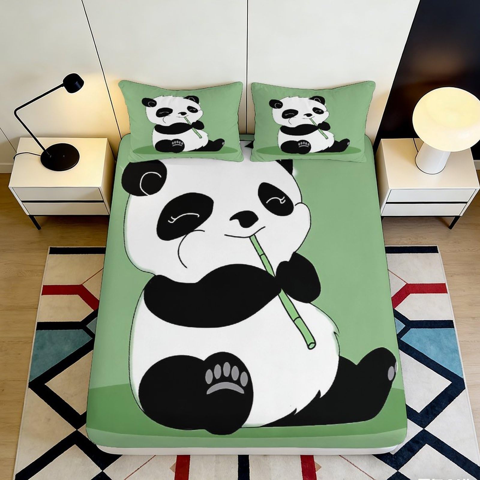 3D Printed Cartoon Panda Fitted Sheet Microfiber Deep Pocket Non-Slip Bedroom Panda Mattress Fitted Cover Washable 180x200x25cm