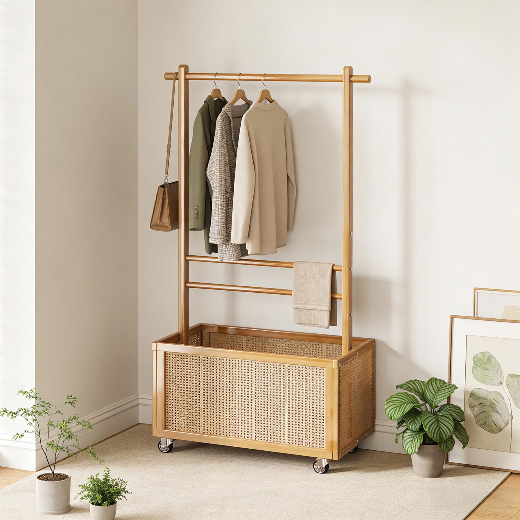 Porte-manteau en bambou robuste avec panier de rangement textile et roulettes