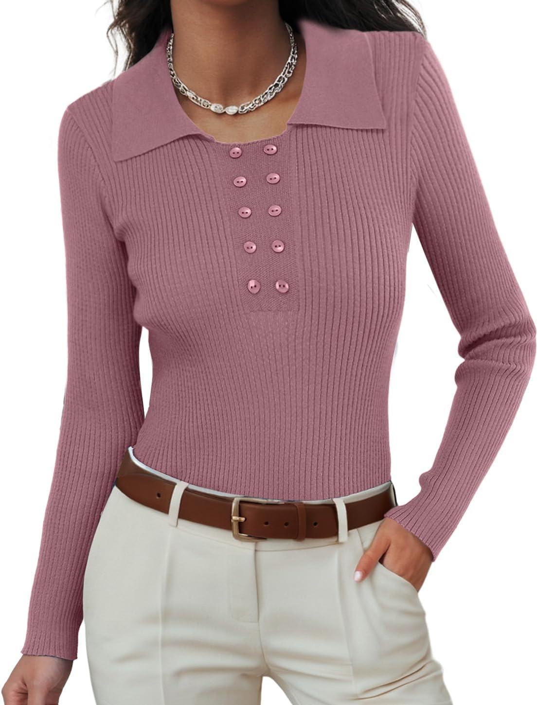 Ninee Womens Long Sleeve Pullover Sweaters Casual Lapel Crew Neck Button Down Tops Trendy Fall Knit Slim Fit Shirts