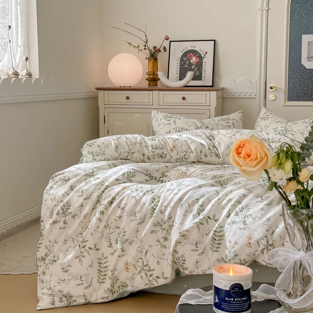 Nyescasa Green Floral Duvet Cover 100% Cotton Single White Green Leaves Flowers Meadow Luxury Breathable Cotton Bedding Set Comforter Cover 135x200 cm with Zipper Closure and 1 Pillowcase 50x75 cm