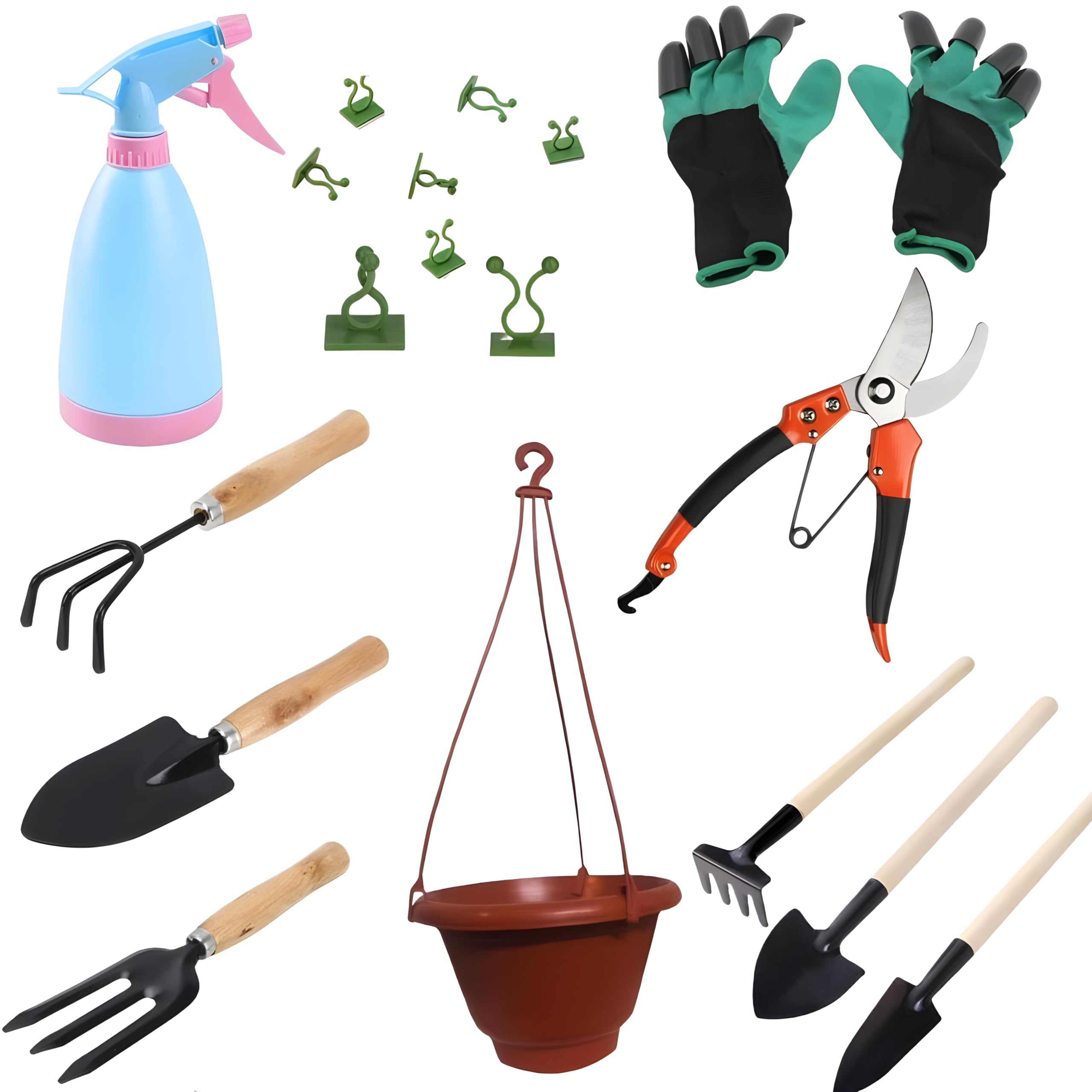 Bossket Plant Care kit Tools Indoor Outdoor|Water Spray Bottel,Garden Shears Pruners Scissor,Wall Plant Climbing Clips,Garden Gloves,Hand Cultivator,Weeding Fork,Digging Trowel,HangingFlowerPot (B0DCZFKF8L) Amazon Price History, Amazon Price Tracker