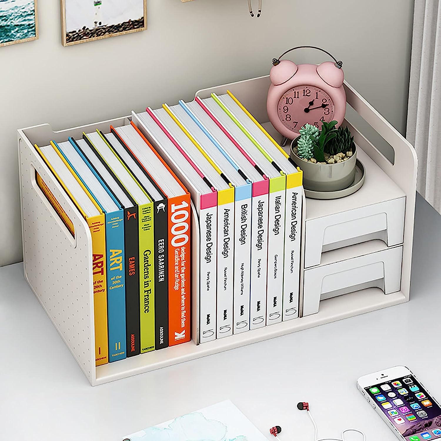 Sponsored Ad - Desktop Bookshelf,Plastic Storage Organizer Book Rack Magazine Cds Bookshelves,Desk Top Small Book Rack for Home Office Study-White | 36 X 20 X 18 Cm | Multi