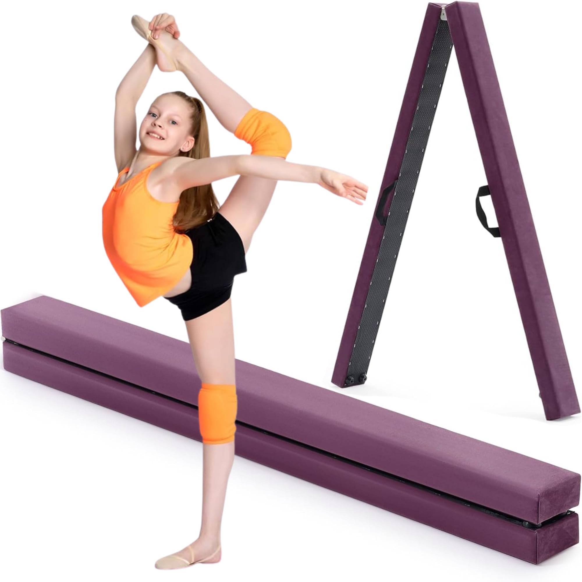 PANGU 8 Ft Folding Gymnastic Balance Beam with Non-Slip Suede & Carry Handles – Portable Home Gym Equipment for Kids, Beginners. For Hard Floors (Purple)