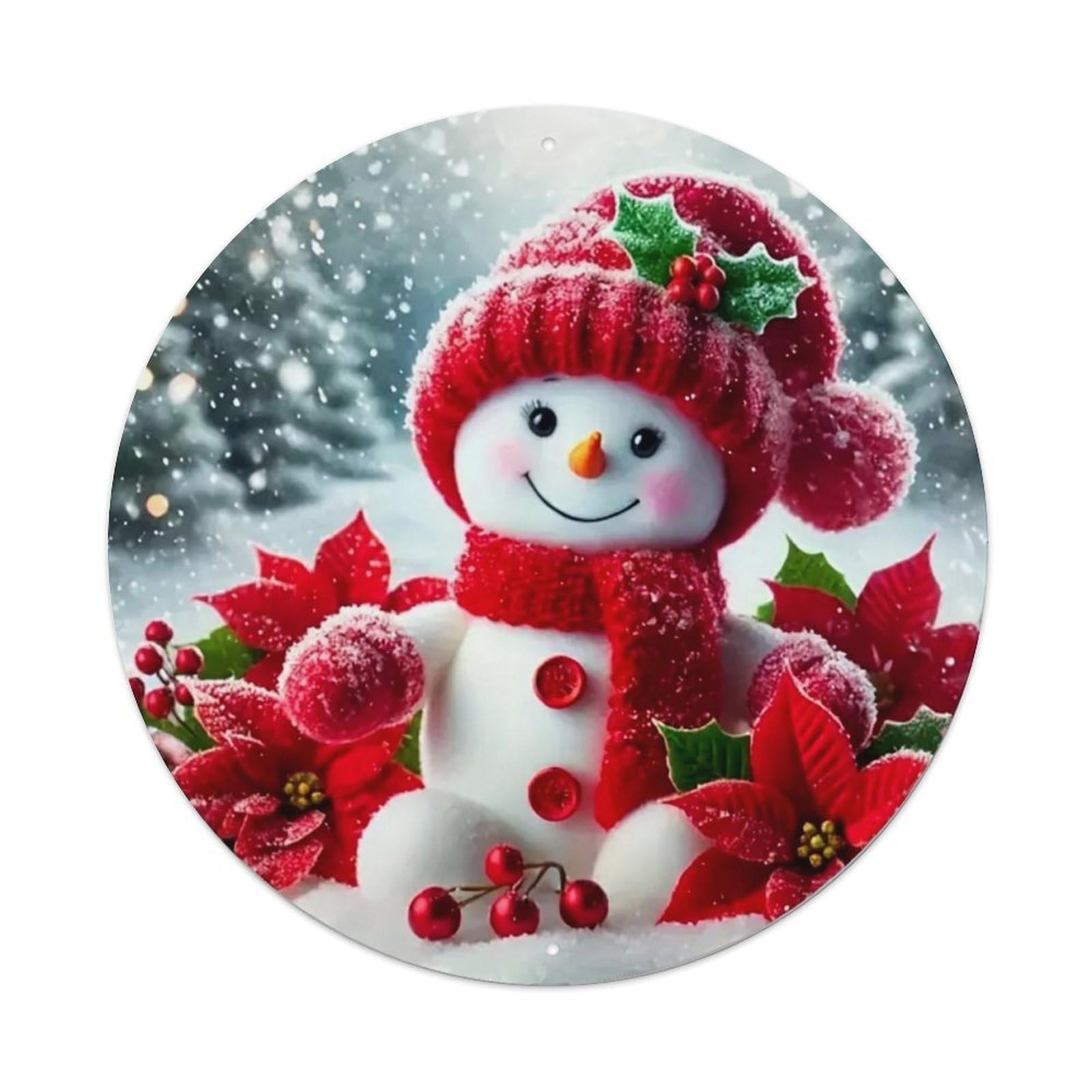Festive Snowman With Red Poinsettias Vintage Metal Tin Sign Retro Wall Decor for Home Bar Garage Cafe, Indoor & Outdoor Decorative，circle Metal Poster, 8x8 Inch