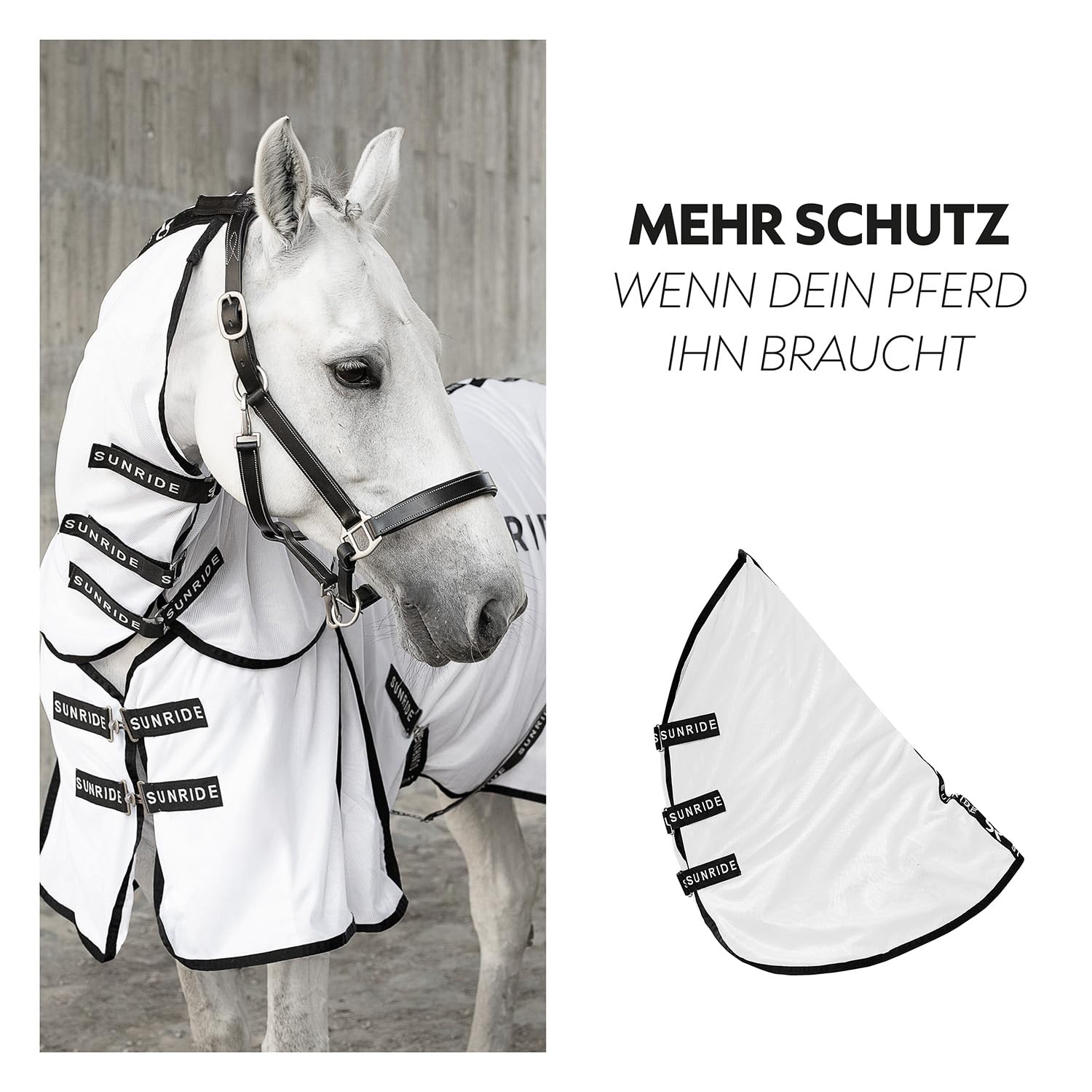 SUNRIDE Couverture Anti-Mouches (Miami) avec Partie du Cou Amovible et Plus de liberté de Mouvement, indéchirable, élastique et Robuste (Blanc, 125 cm)