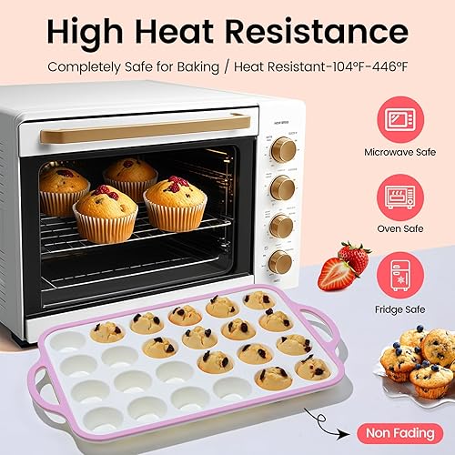 Miniatura 5 de Mini molde de silicona para magdalenas con marco reforzado de metal, 24 tazas de silicona duradera para magdalenas, magdalenas, sin BPA y apto para