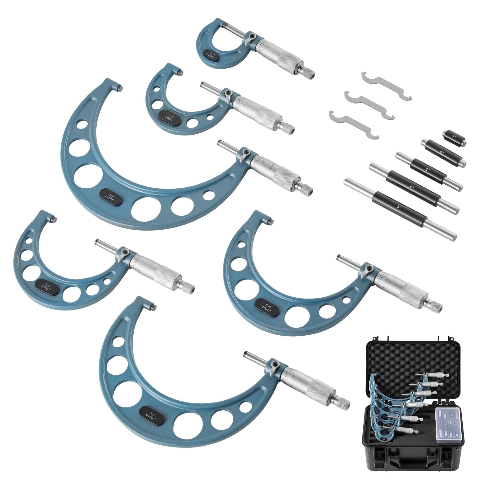VEVOR 6 PCS Micrometer Set, 0-1"/1-2"/2-3"/3-4"/4-5"/5-6" Machinist Outside Micrometer, Precision 0.0001 Accuracy, Professional Machinist Tools with