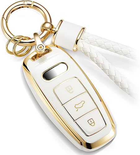 Funda para llavero Audi con cuerda trenzada de metal, funda suave mejorada para llavero A3 A6-A8 E-Tron S3 RS6-7 SQ7-8 (borde dorado, D)