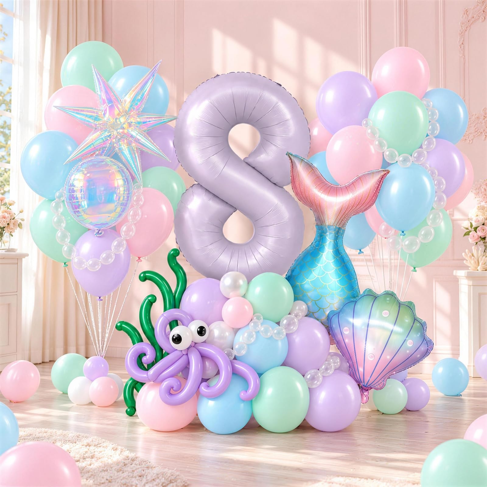 Mermaid 8th Birthday Decor Girls, Pink Purple Blue 40 In Number 8 Balloon