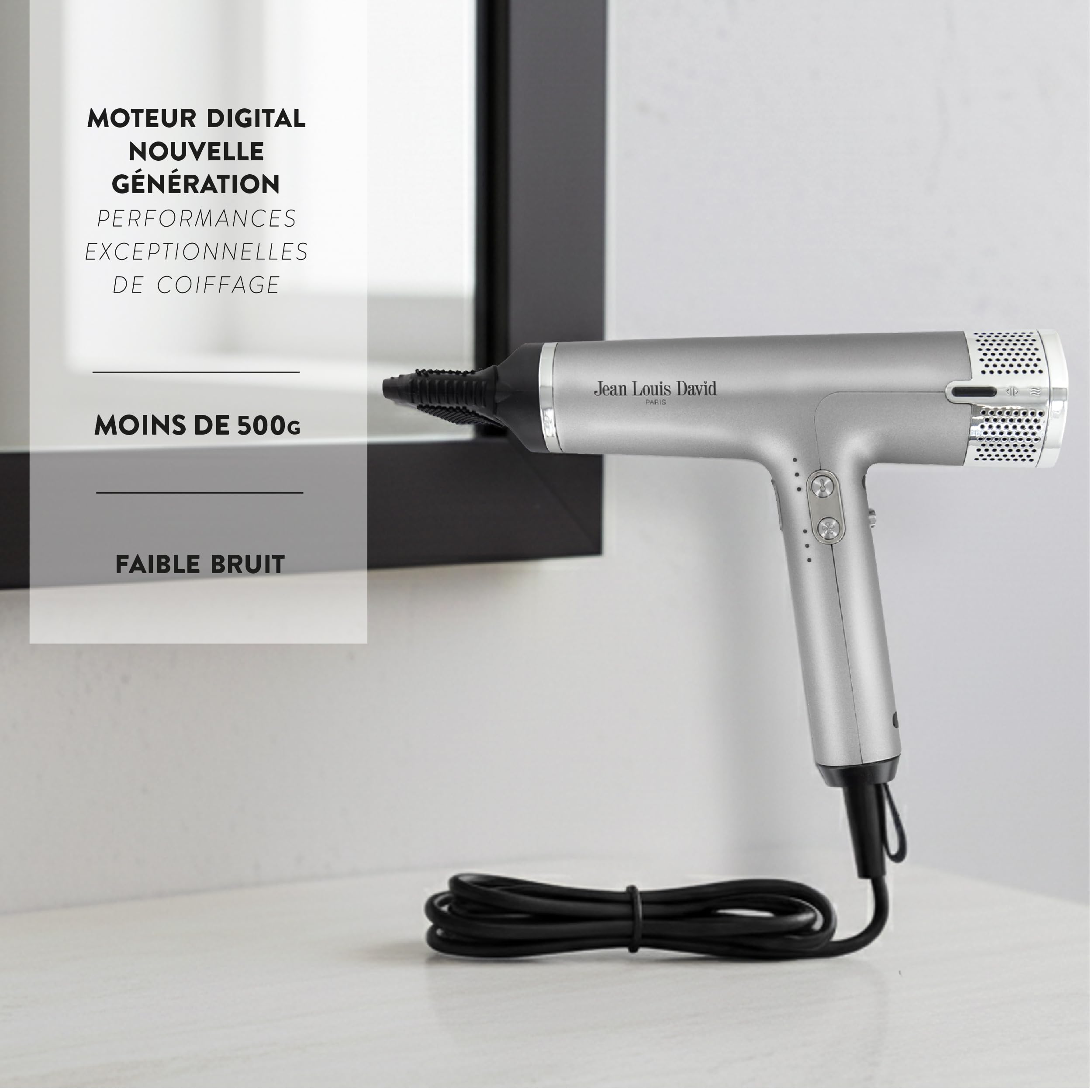 Jean-Louis David - Sèche Cheveux Nouvelle Génération - Moteur Digital BLDC Ultra Compact - 3 Accessoires Magnétiques - Lissage Brushing Boucles - Coiffure Professionnelle - Séchage Optimal