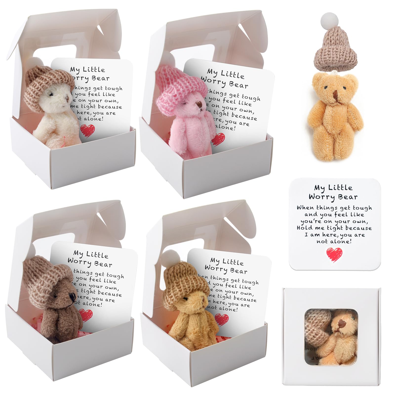 4 Pcs Worry Bear in a Box, Little Pocket Bear Hug in A Box Mini Teddy Bears with Inspirational Card Get Well Soon Gifts for kids Mini Plush Bears Set Positive Gift for Women Men Friends Christmas