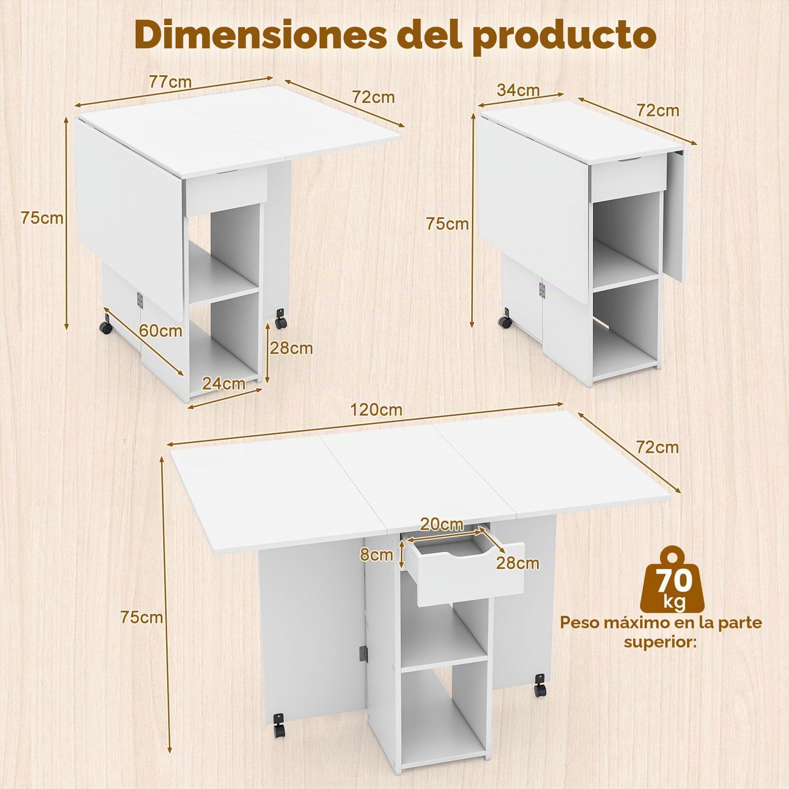 GIANTEX Mesa de Comedor Plegable, Mesa de Cocina Móvil con 2 Ruedas Universales, con 1 Cajón y 2 Estantes, Mesa de Madera con Tablero Extensible, para Comedor, Salón, Dormitorio (Blanco)