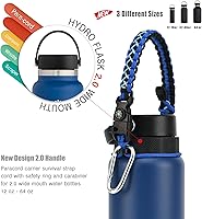 Vista 2 de Asa de cuerda de paracaídas para botellas Hydroflask 2.0 de boca ancha y estándar, con nuevo soporte de anillo de seguridad, 12oz - 64oz Negro