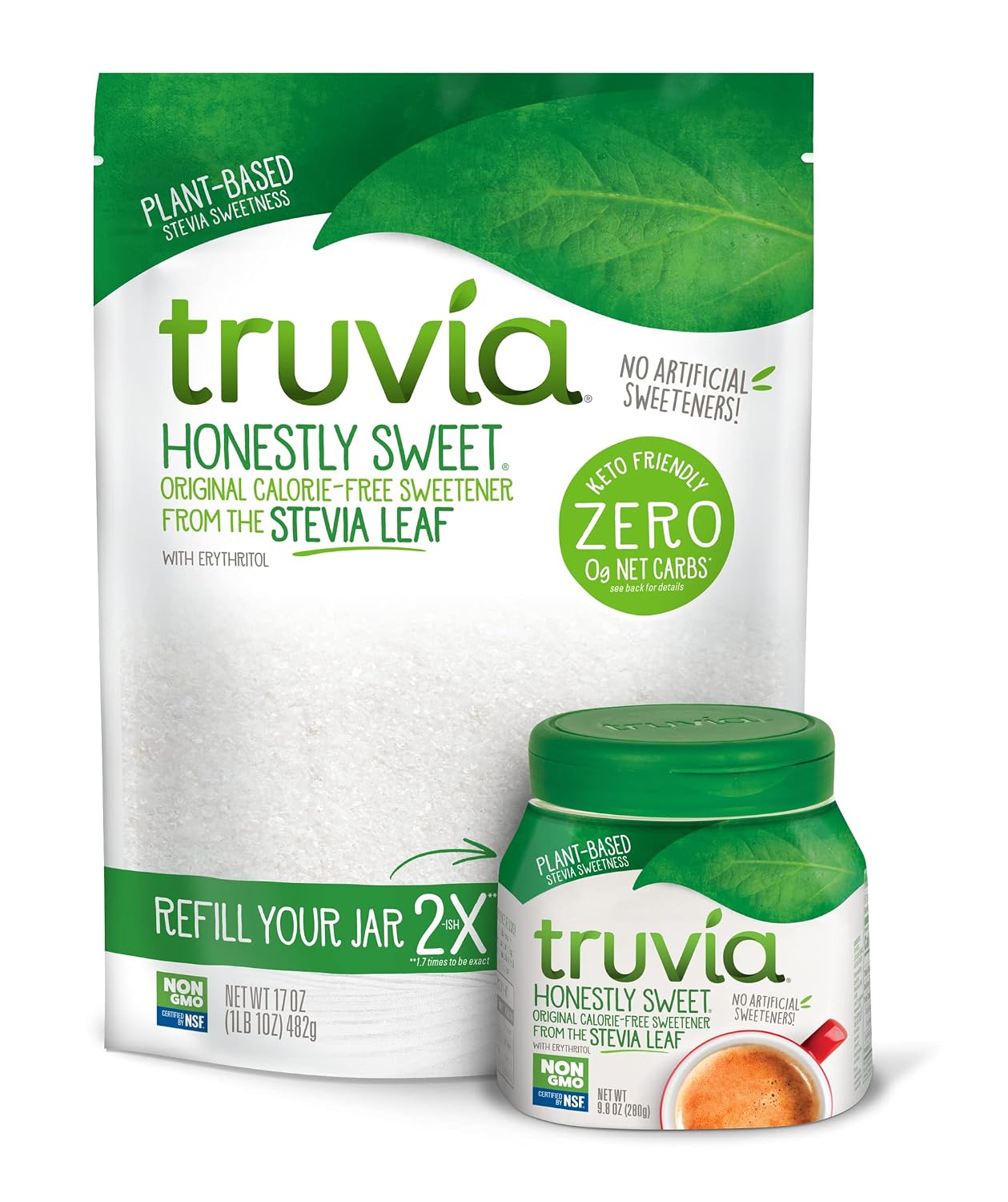 Truvia Spoonable Jar and Refill Bag Bundle (Pack of 2), Includes one 9.8oz Jar and one 17oz Refill Bag of Truvia Naturally Sweet Calorie-free Sweetener from the Stevia Leaf