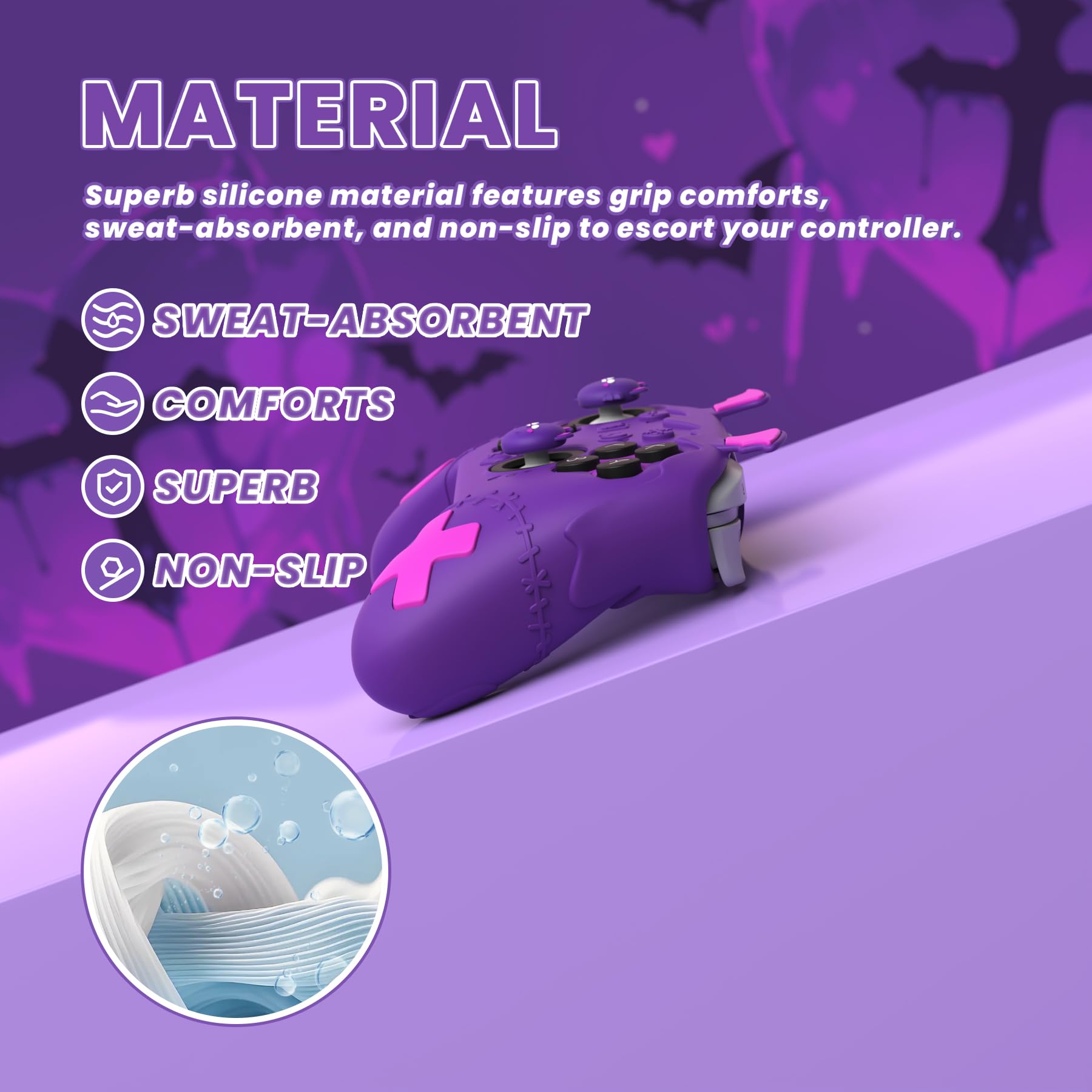 PlayVital for Nintendo Switch 2 Pro Controller Silicone Cover – Gothic Imp Series Cute Protective Skin Case for Switch 2 Pro Controller w/Back Button Caps & Thumb Grip & Sticker, Shockproof - Purple - 4