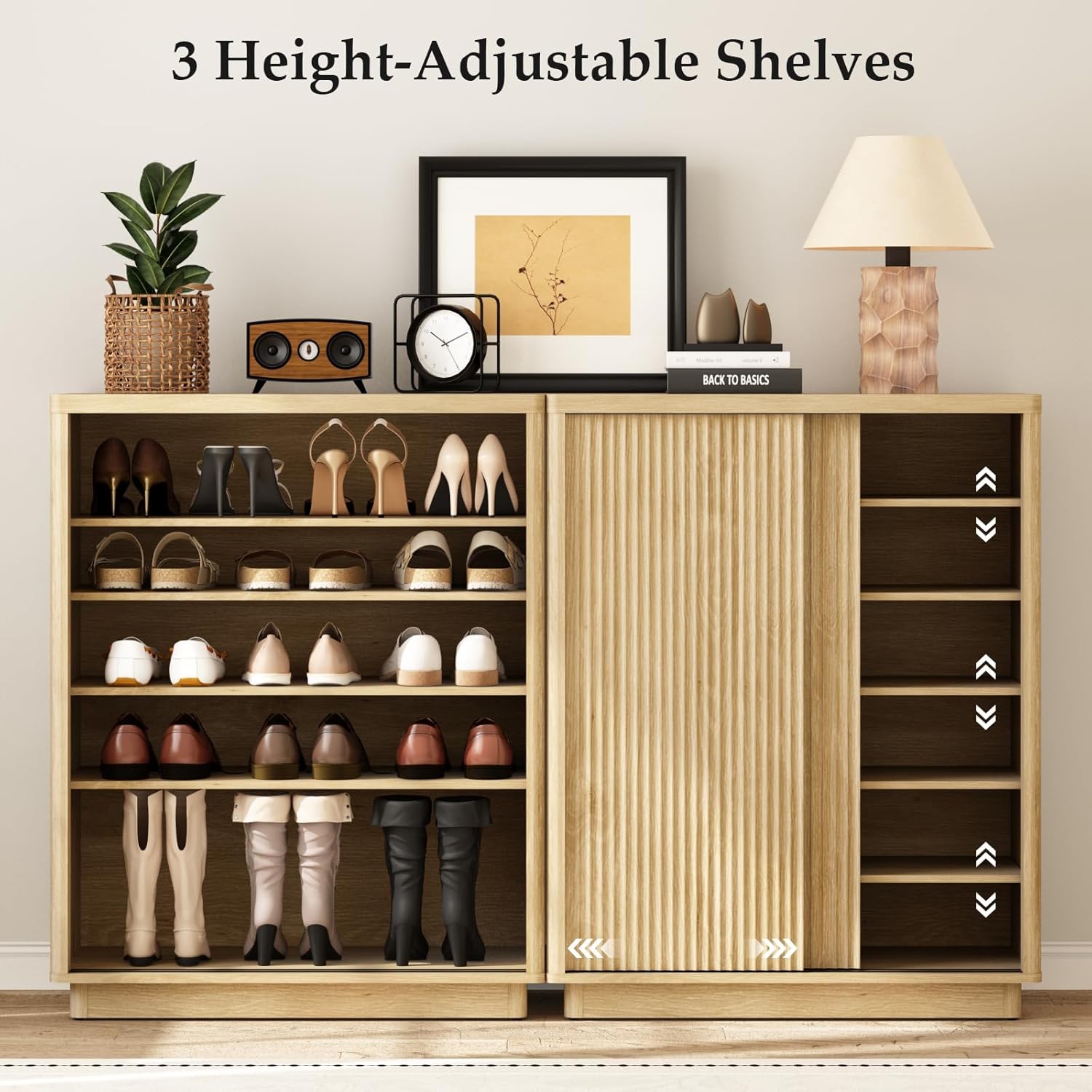 Fluted Shoe Cabinet with Sliding Door Set of 2, 6-Tier Large Hidden Storage Organizer Modern Shoe Rack with Adjustable Shelves, Mid Century Freestanding Wooden Shoe Storage Cabinet for Entryway,Oak