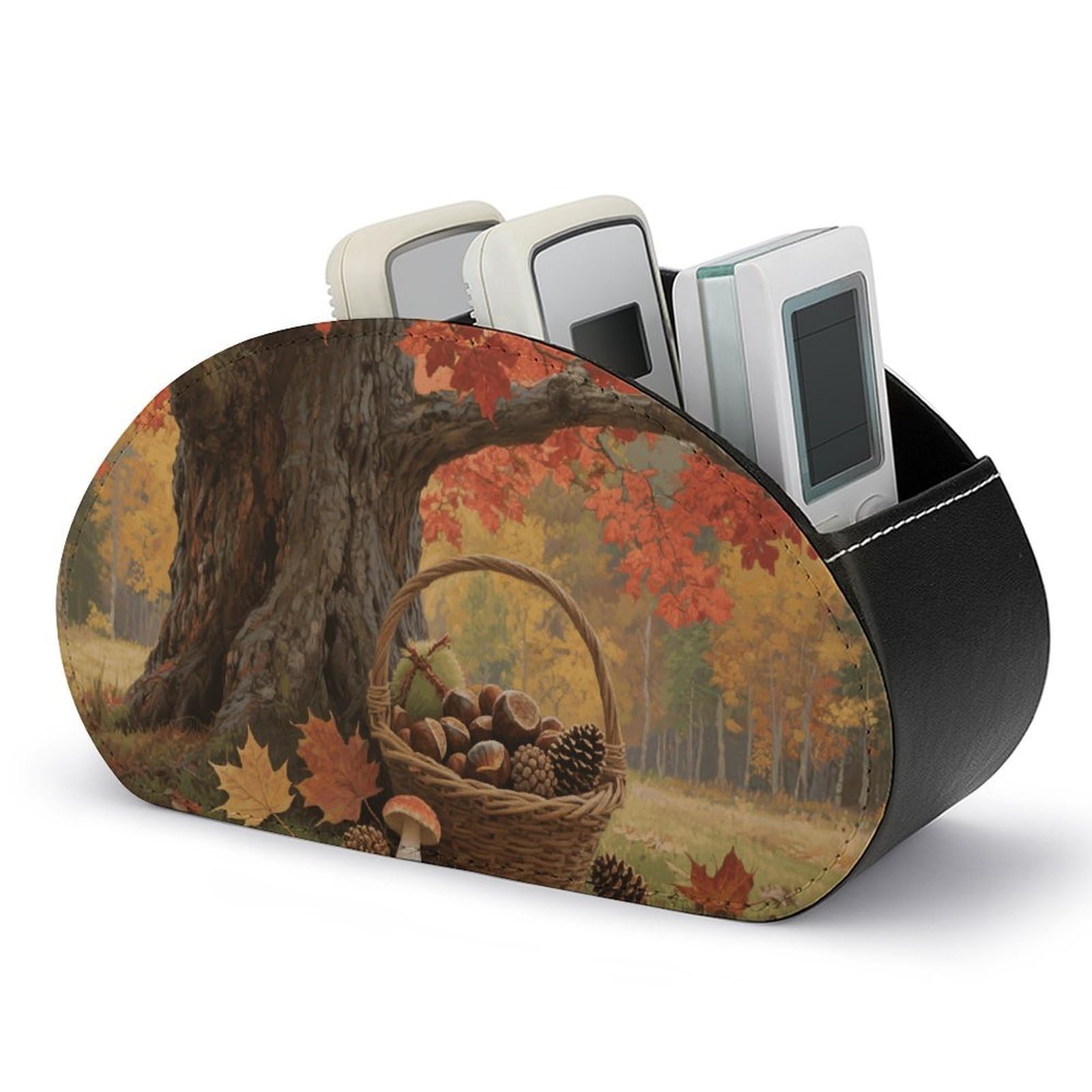 VstaDank Autumn Fall Harvest Maple Remote Control Holder with 5 Compartments PU Leather TV Remoter Caddy Desktop Organizer TV Remote Holder Remote Box for Media Controllers Office Supplies