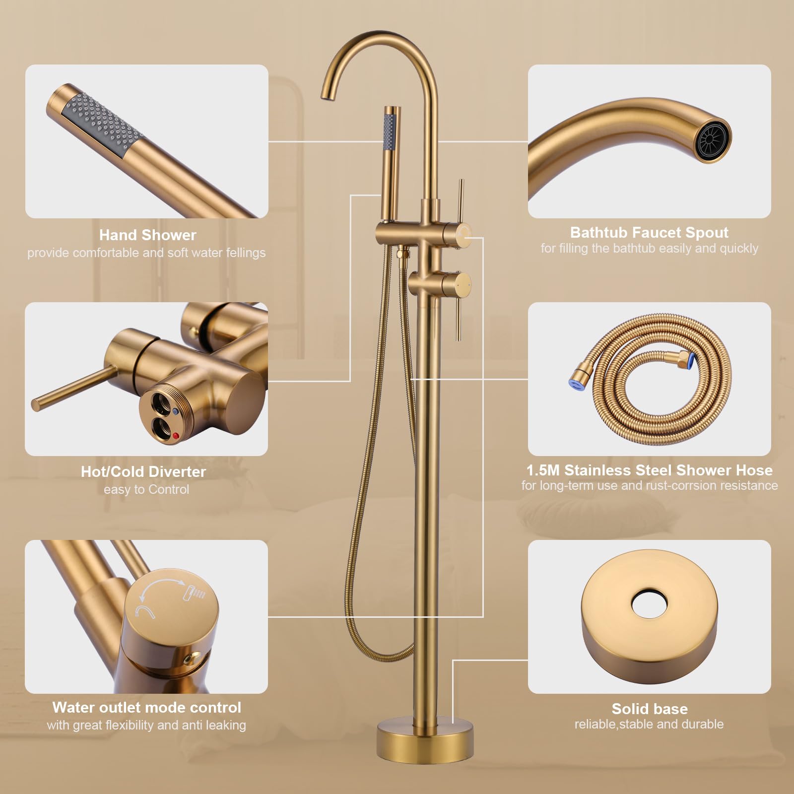 ARCORA Robinet de Baignoire sur Pied, Robinet de Bain avec Douchette et Tuyaux, Bec Pivotant À 360°, Mitigeur Cartouche en Céramique, Douche à Double Mode, pour Baignoires d'Hôtel ou Domestiques, Or