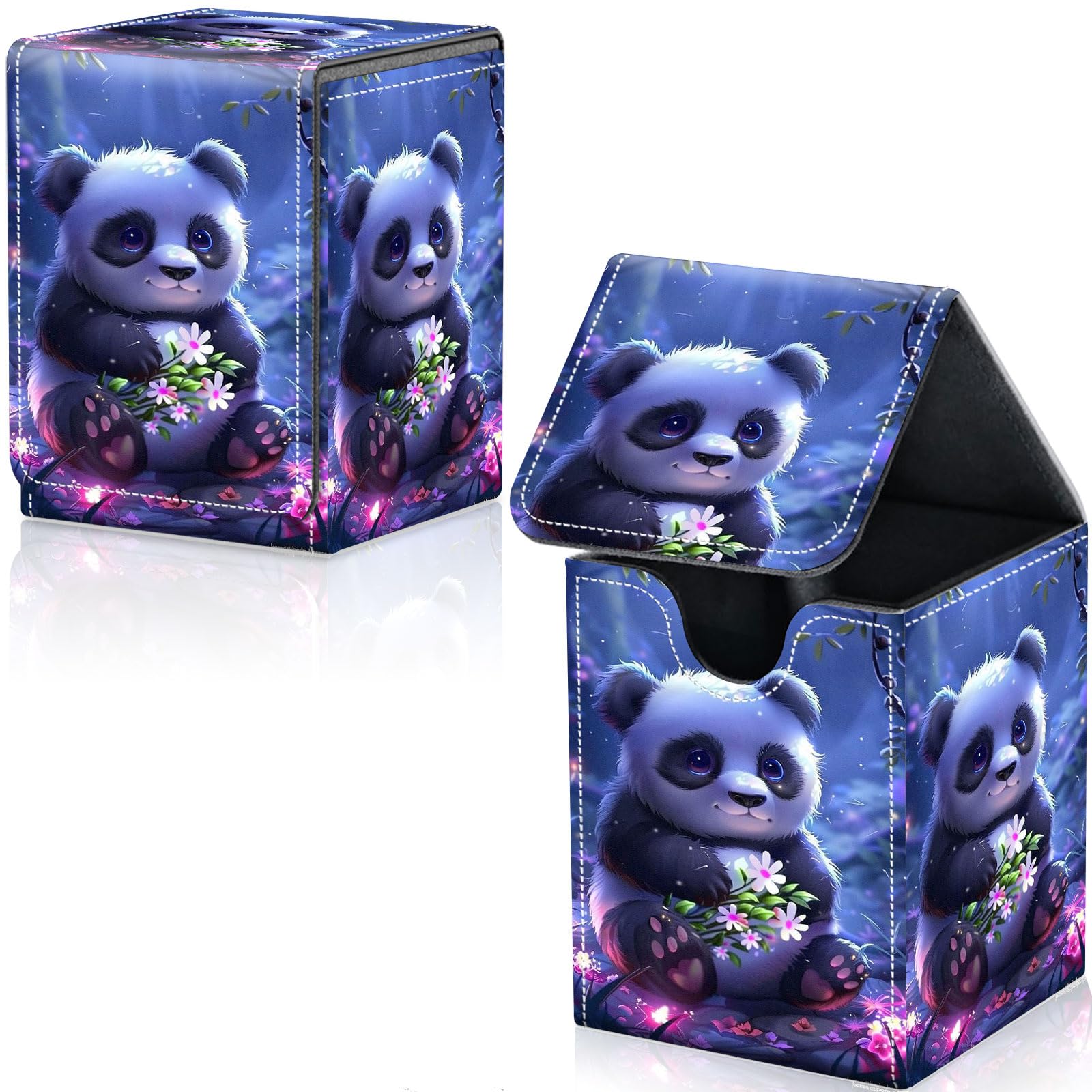 Qindaiwen Card Deck Box for Trading Cards, MTG Deck Box Fits 100+ Single Sleeved Cards, PU Leather Strong Magnet Card Deck Case Holder for Magic Commander TCG CCG, Lovely Panda