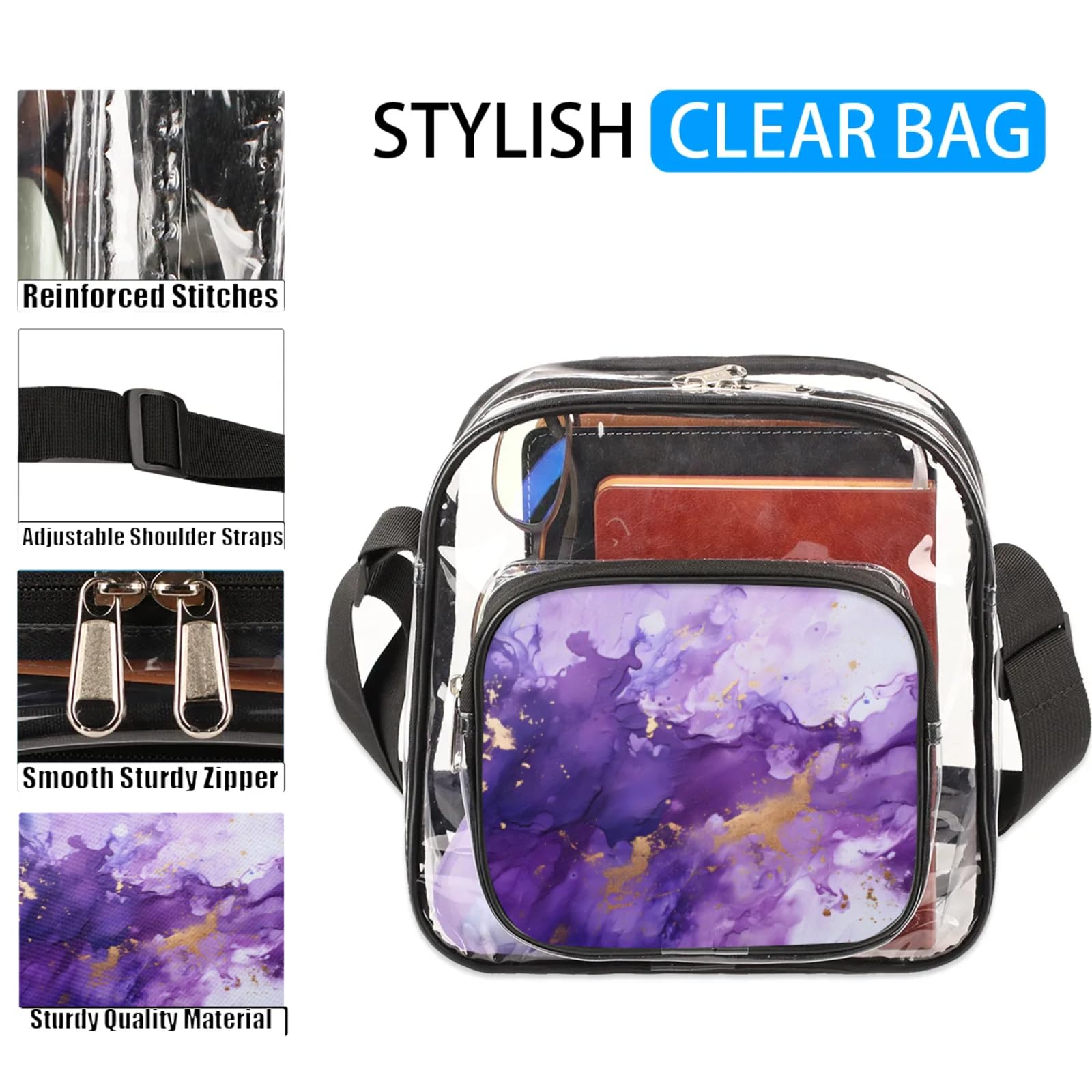 Clear Crossbody Bag Stadium Approved Purple Dynamic Fluid Design Transparent Bag for Festivals, Sports Events, Concerts,Beach Bag for Women Men Clear Purse with Front Pocket Messenger Bag