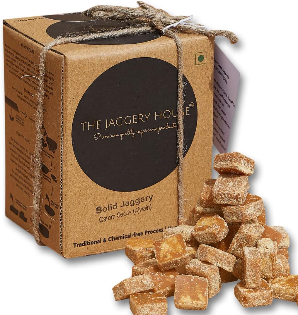 The Jaggery House | Solid jaggery- Carom Seeds (Ajwain) | 100% Natural | No Essence | No Preservatives | Handmade | Chemical Free | Jaggery Block | Jaggery Cubes | 450 g