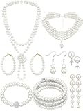 8 Pcs Pearl Necklace and Earrings Set for Women Pearl Bracelets Costume Jewelry Set for Wedding Bridal Halloween Party