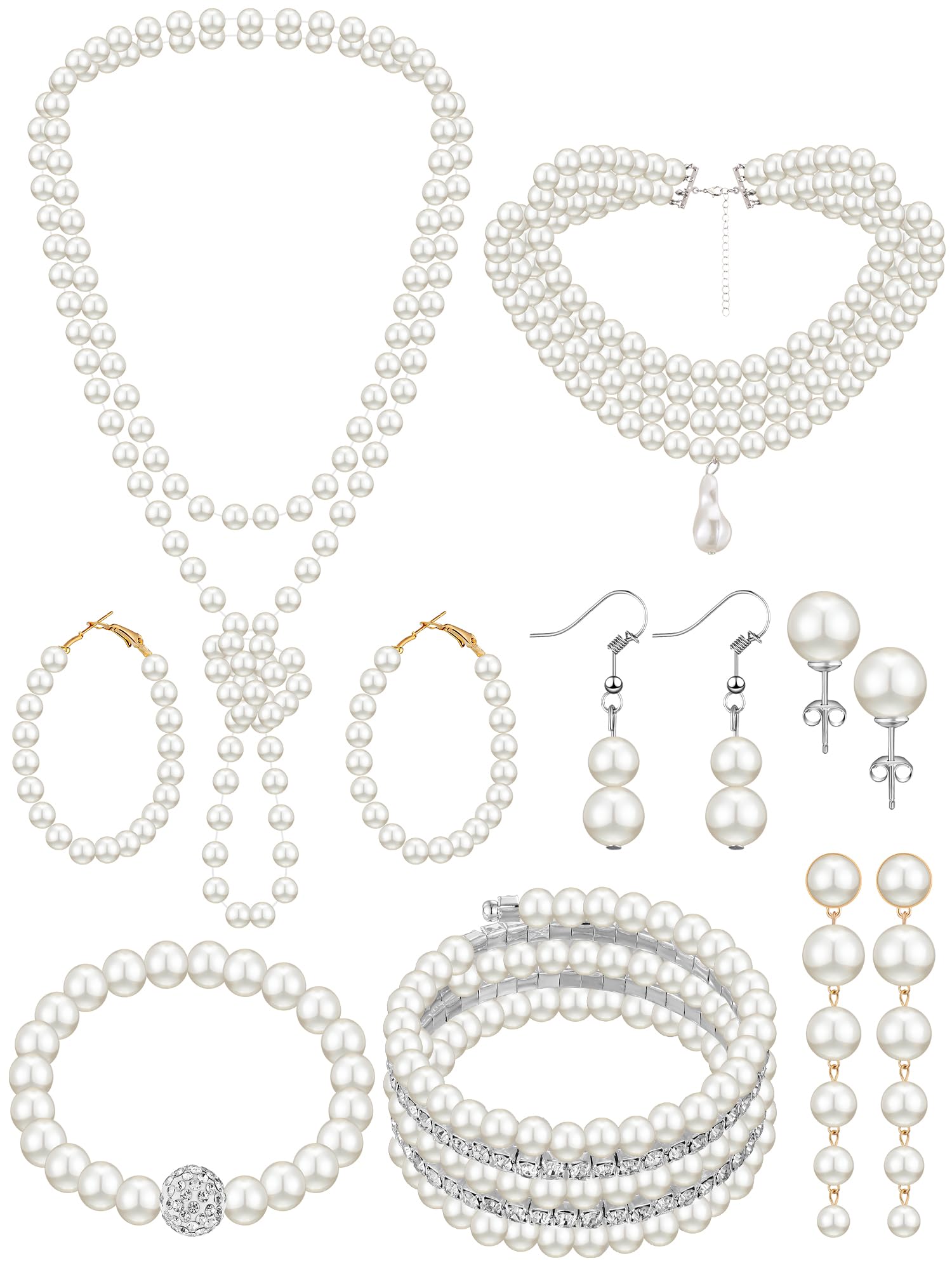 BBTO 8 Pcs Pearl Necklace Earring Set Women Wedding Jewelry