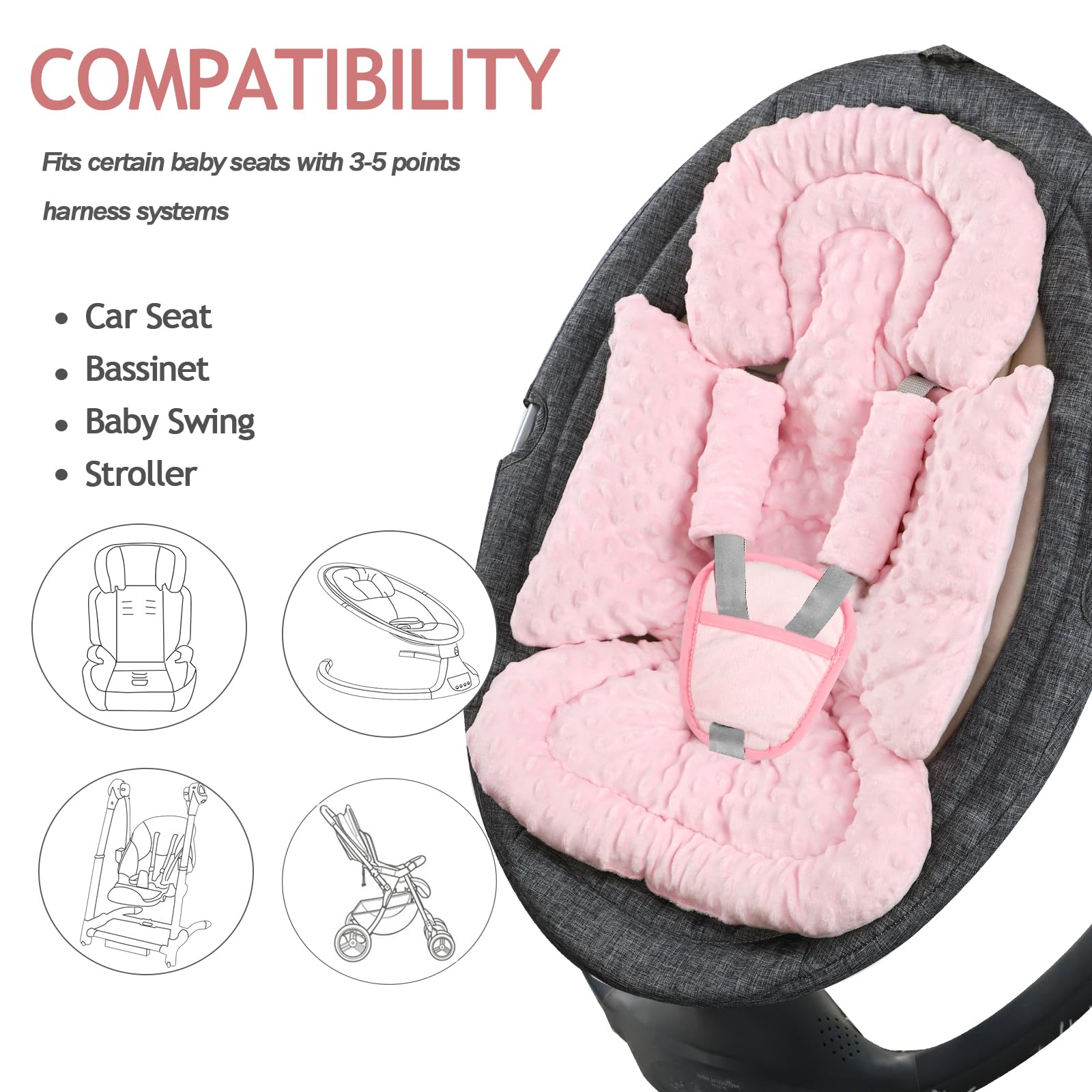 Inserto de asiento de coche para niño y niña, inserto de asiento de automóvil 3 en 1 para recién nacido con almohadillas de correa, soporte de cabeza de asiento de coche para cochecitos de bebé,