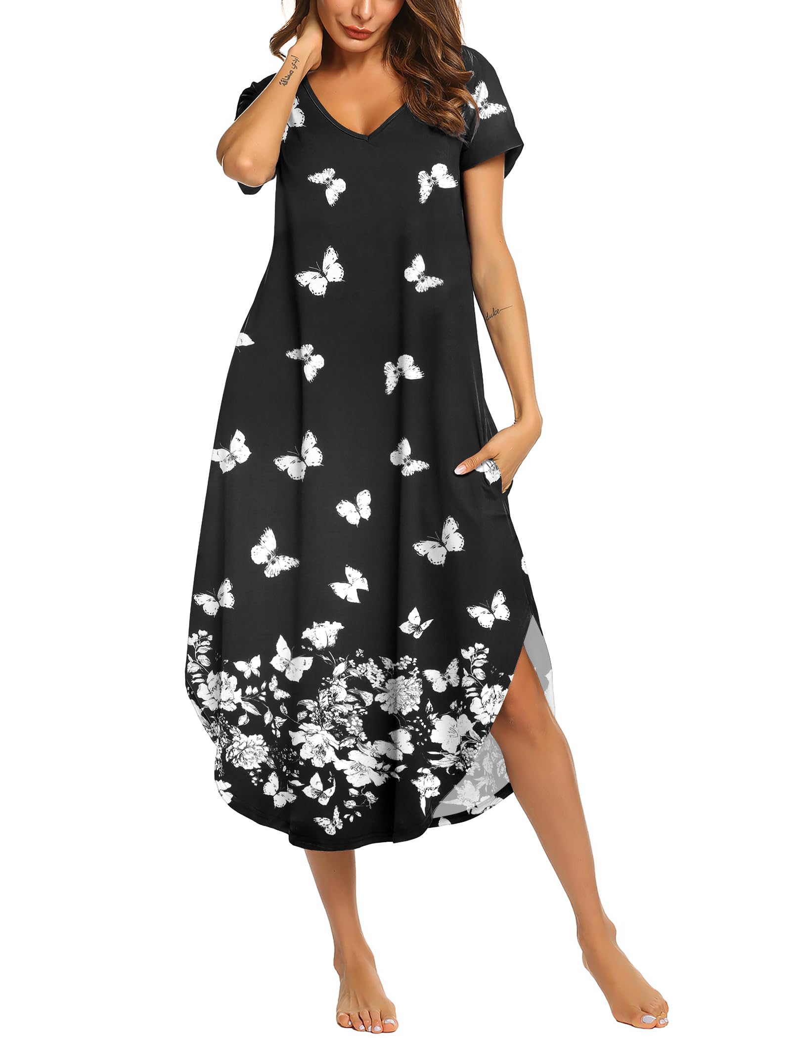 Ekouaer Long Nightgowns for Women Short Sleeve House Dress with Pockets V Neck Sleepshirts Side Split Sleepwear S-4XL