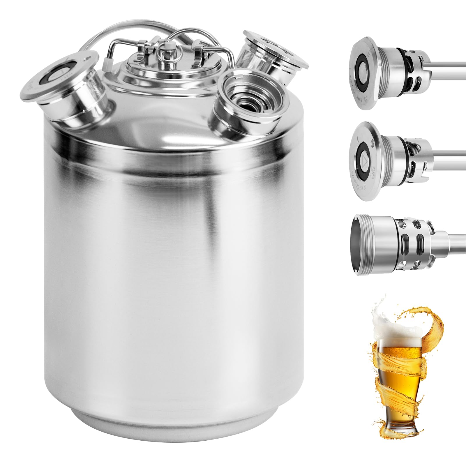 Barril de limpieza de cerveza de acero inoxidable de 10 l, 3 cabezales de limpieza con tapa, incluye pinchos A, S, G, dispositivo de limpieza de cerveza para grifo de cerveza de 10 L, acero inoxidable