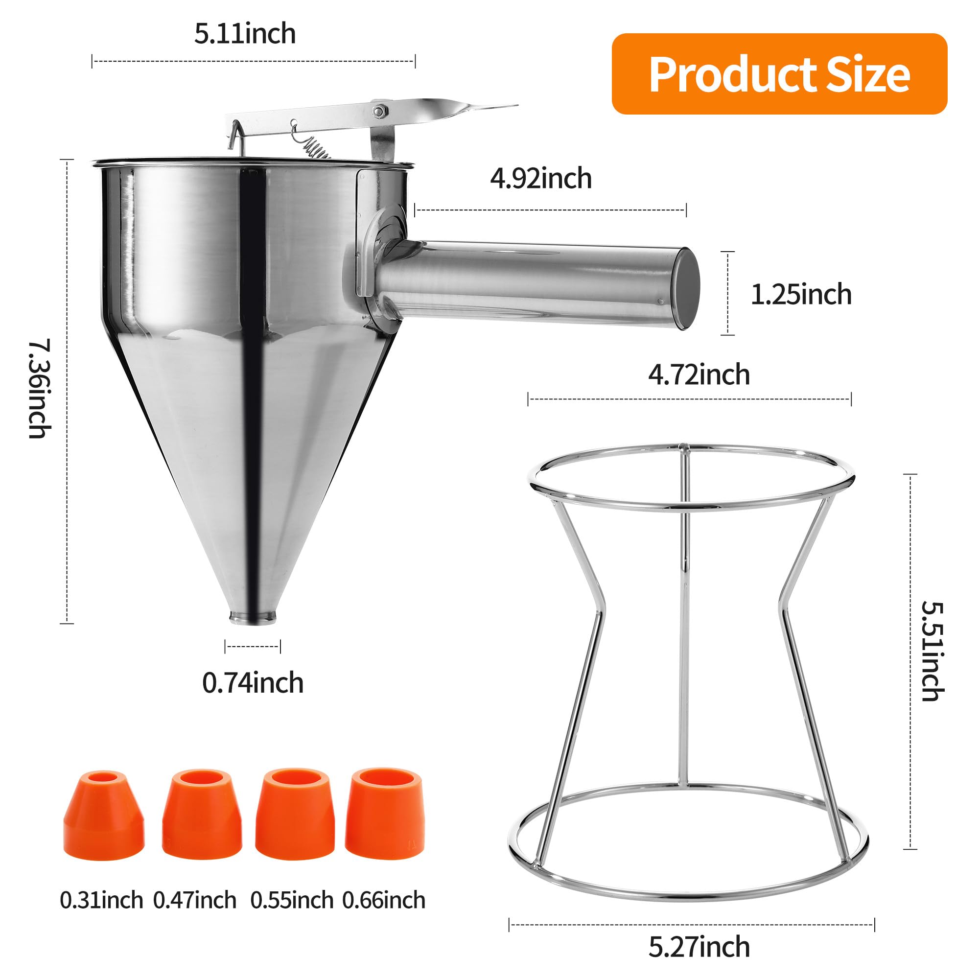 HAOYULUO Dosatore di Impasto in Acciaio Inox,Imbuto Cucina 1200ML,Viene Fornito con Coperchio, Spazzola per la Pulizia e 4 Ugelli di Ricambio, Adatti per Pancake e Dessert