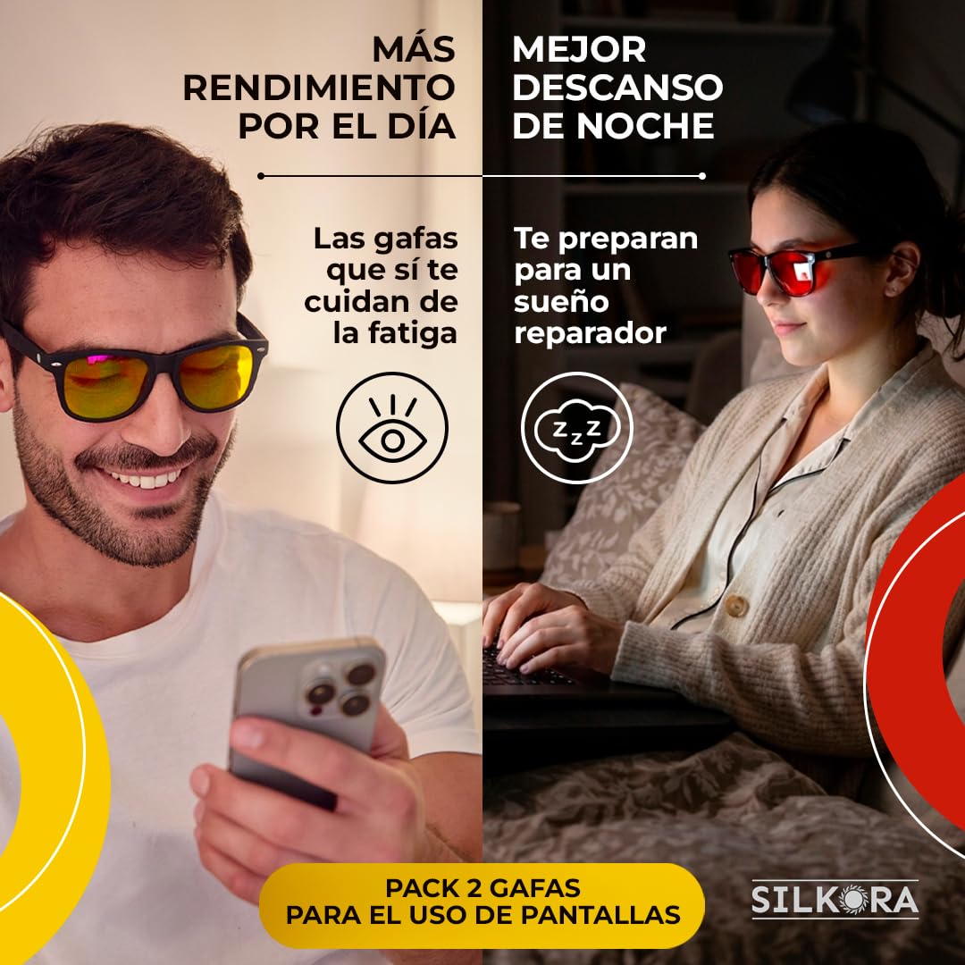 Set 2 Gafas luz azul | Amarillas y Rojas | Filtro de Luz Azul | Bienestar para tu Día y Noche | Reduce la Fatiga Visual | Regula el Sistema Nervioso a través de la Luz | Ordenador, Gaming y Descanso