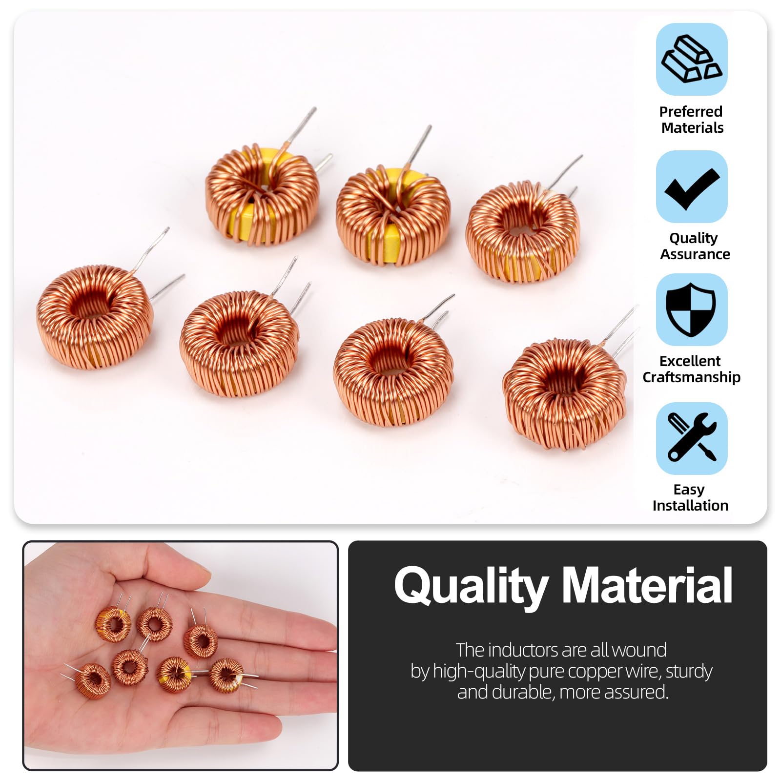 Glarks Lot de 20 inducteurs toroïdes de 5 tailles, 22UH-10A 50UH-5A 100UH-6A 220UH-5A 330UH-3A Bobine de cuivre d'inductance toroïdale, inducteur magnétique toroïde pour transformateurs DIY Circuit