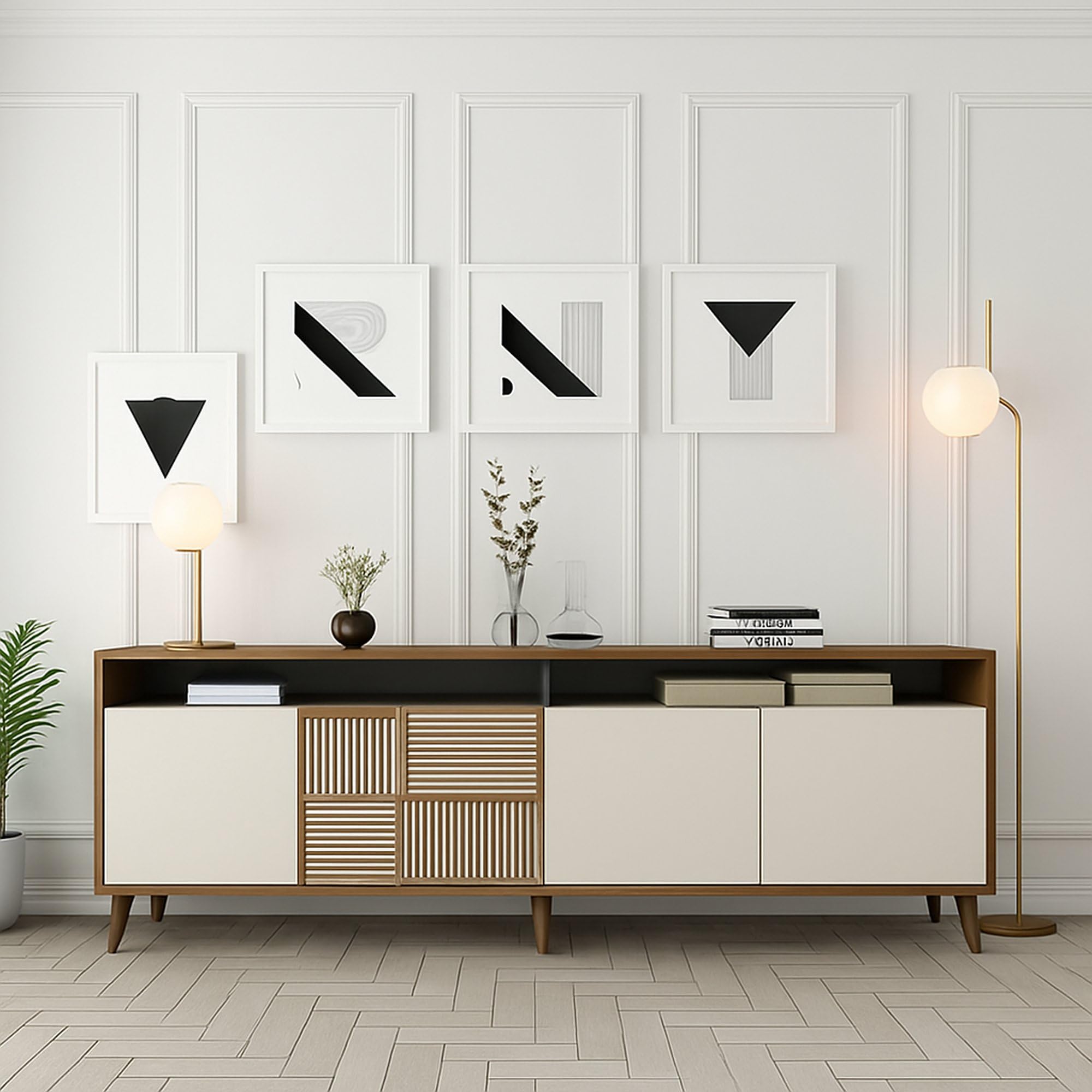 Dmora Credenza Rotanev 180x35x79h cm Marrone Noce 2 Ripiani 4 Ante, Madia 6 Vani