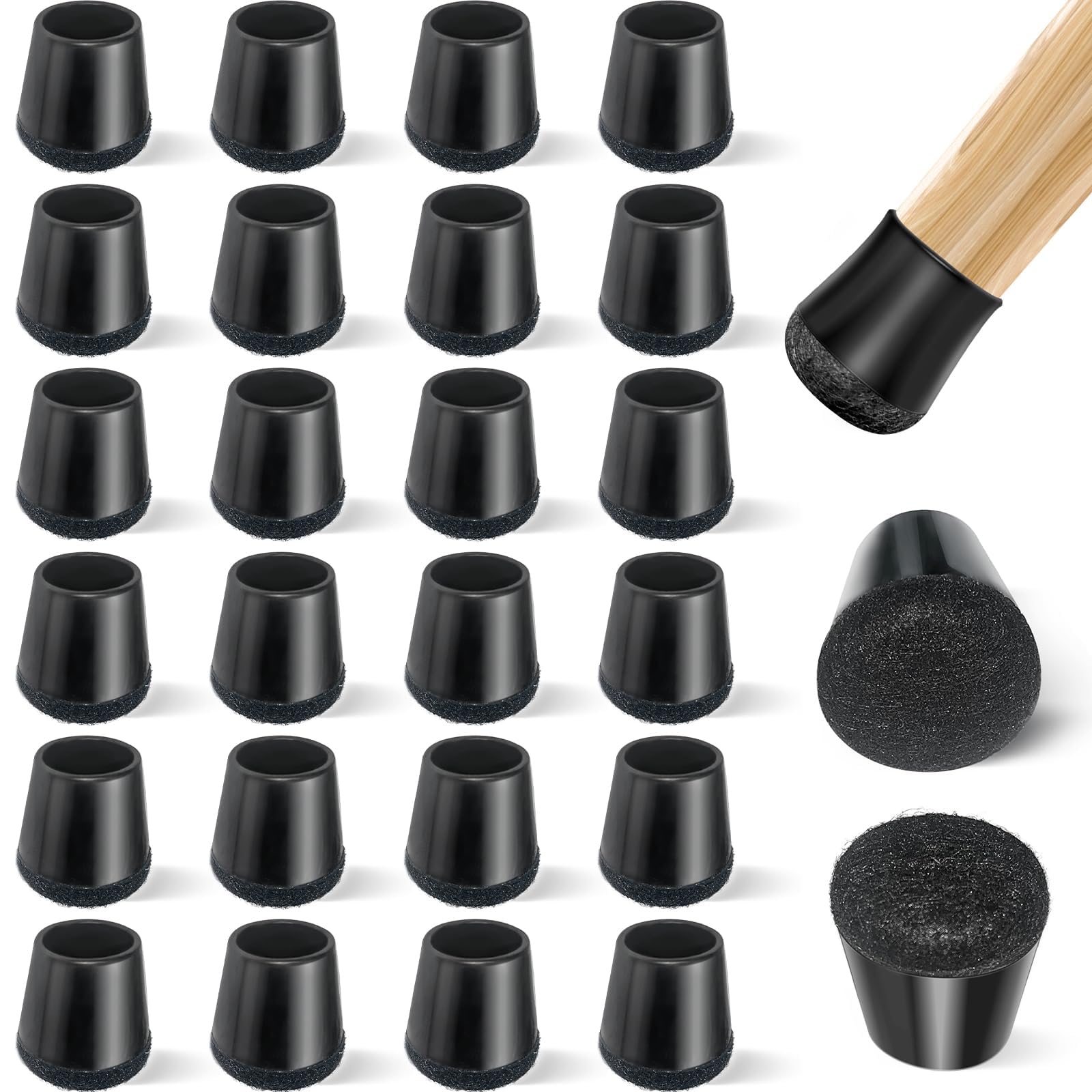 Yomanta 24 sztuki Okrągłe Zaślepki do Mebli, Silikonowe Nakładki na Nogi Krzeseł z Filcem, Antypoślizgowe Podkładki Filcowe Ochrona Podłogi, Black S(21-25mm)