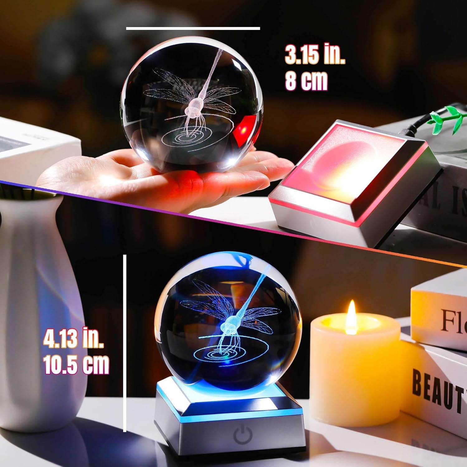 Crystal Ball 3D Dragonfly with LED Colorful Base, 3.15" Animal Glass Animal Insect, Dragonfly Gifts for Women Mom for Birthday Christmas Office Home Decor