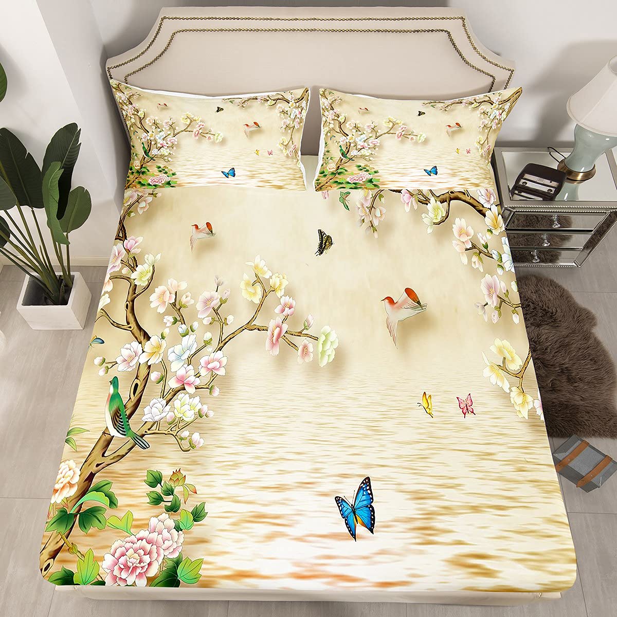 Set Biancheria Da Letto 4 Pezzi Con Pavone, Fiori E Farfalle - Lenzuola Con Angoli In Microfibra Per Letto Singolo/Matrimoniale/Queen - 3