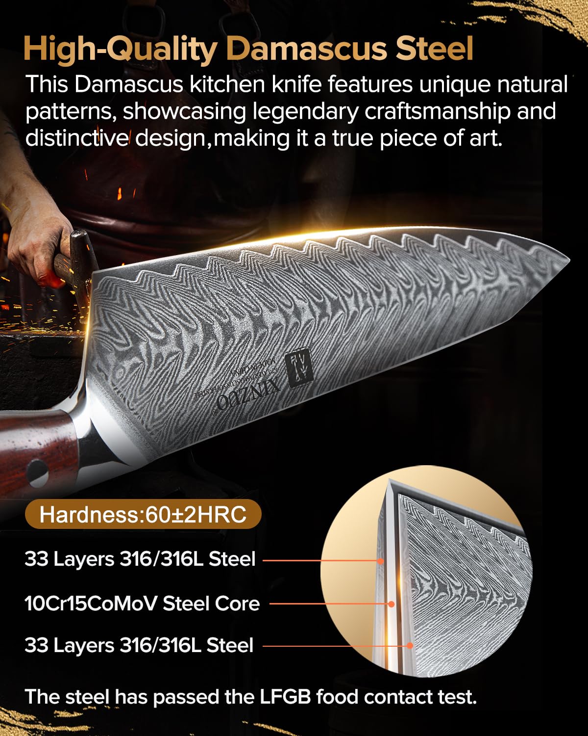 XINZUO Acciaio Damasco Set Coltelli da 7 Pezzi con Portacoltelli, Professionale Coltello da Chef Santoku Pane Universali Frutta, Forbici da Cucina Multifunzione, Manico Rosewood Ergonomico -Yi Serie