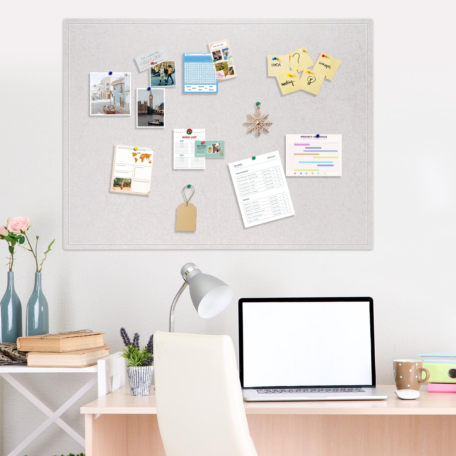 DOLLAR BOSS Große Pinnwand, 121,9 x 91,4 cm, faltbar, Filz, Kork, Beige | Dekorative Pinnwand für die Wand, 122 x 90 cm, für Zuhause, Büro, Schule, mit 20 Pins