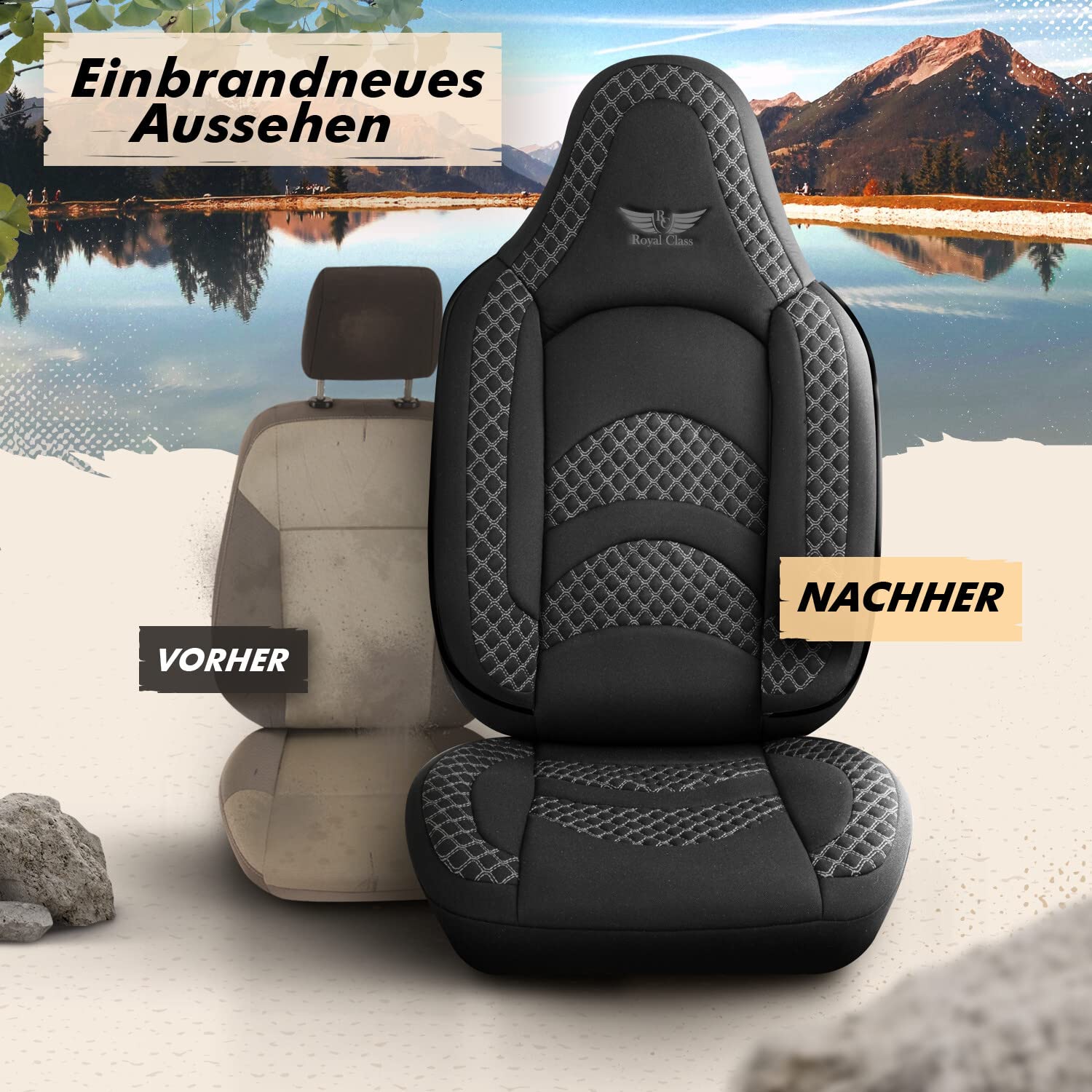 RC Royal Class Auto Sitzbezüge Pilot Vordersitze Fahrer und Beifahrer kompatibel für Challenger Wohnmobil Caravan in Schwarz Grau Pilot 3.1 das Sitzbezugsset Auto Zubehör Innenraum