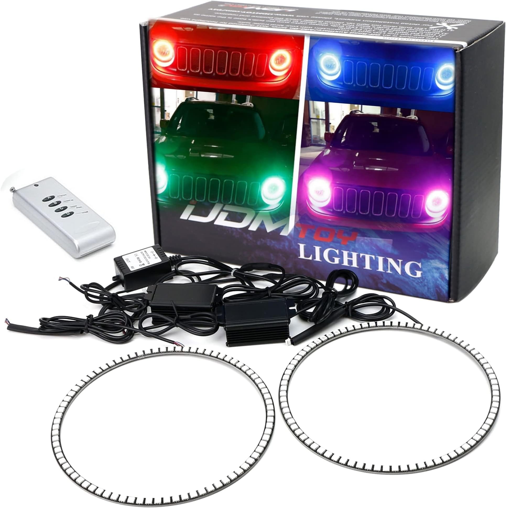 iJDMTOY 7-Color RGB LED Halo Ring Lighting Kit Compatible with Compatible with Jeep 2015-up Renegade, 2007-2014 Toyota FJ Cruiser Front Road Illuminating Light Retrofit w/Adjustable Setting