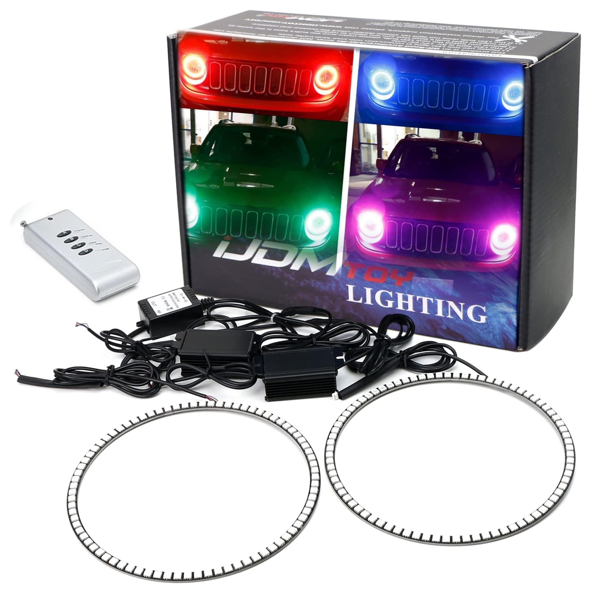 iJDMTOYiJDMTOY 7-Color RGB LED Halo Ring Lighting Kit Compatible with Compatible with Jeep 2015-up Renegade, 2007-2014 Toyota FJ Cruiser Front Road Illuminating Light Retrofit w/Adjustable Setting