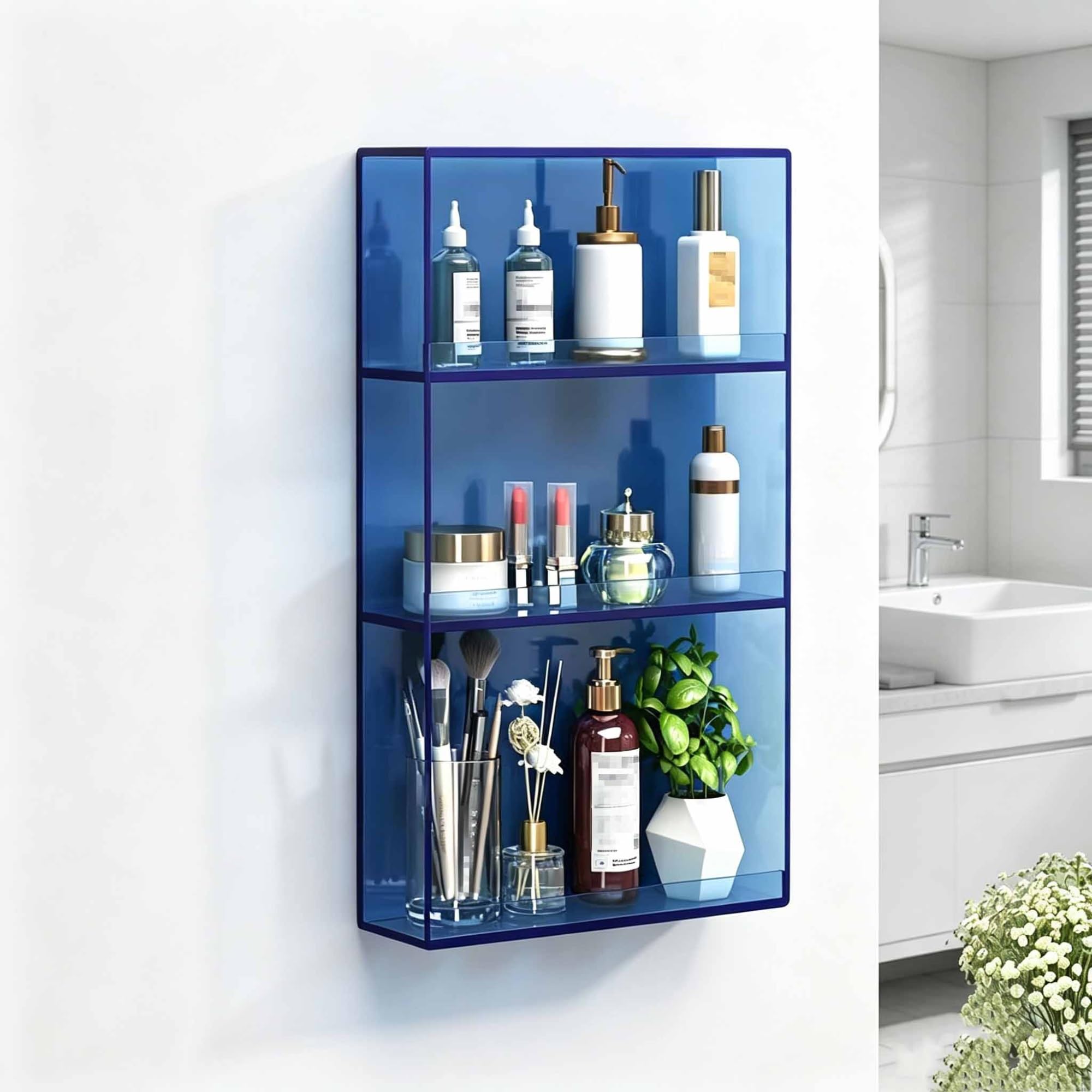 Dalumian Floating Shelves for Wall Decor, Acrylic Magazine Holder, Space-Saving Floating Shelves Wall Organizer for Perfume, Make up, Skincare(Blue,3-TIER)