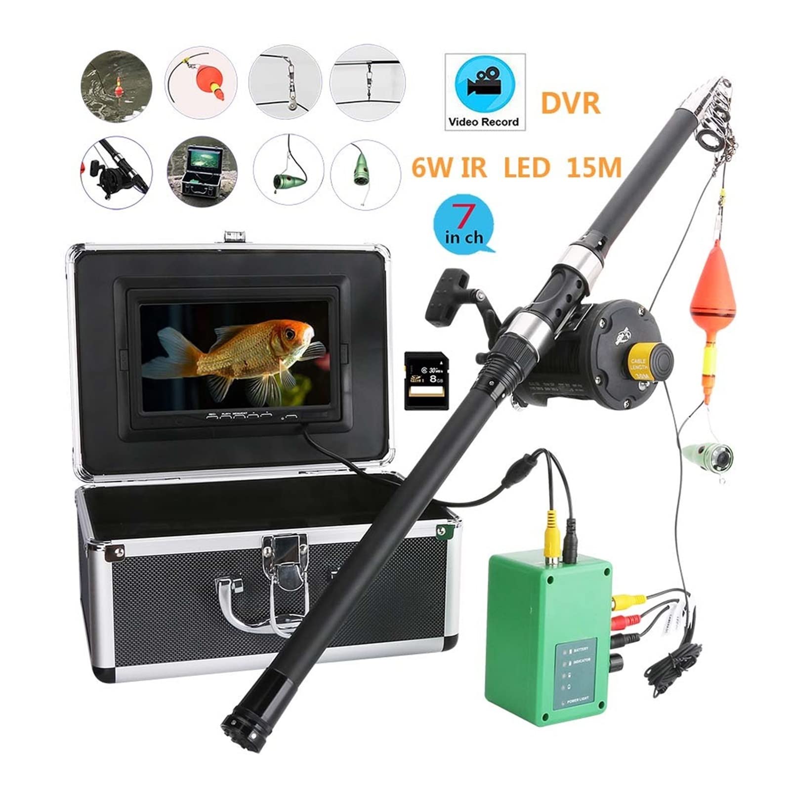 Podwodna Echosonda, Koło morskie 7 cal DVR. Rejestrator 1000TVL Podwodny Łowienie ryb Kamera 6W LED. Lampka na podczerwień Lights15M 25M 30m rybacka(F007MDSW-15M-IR)