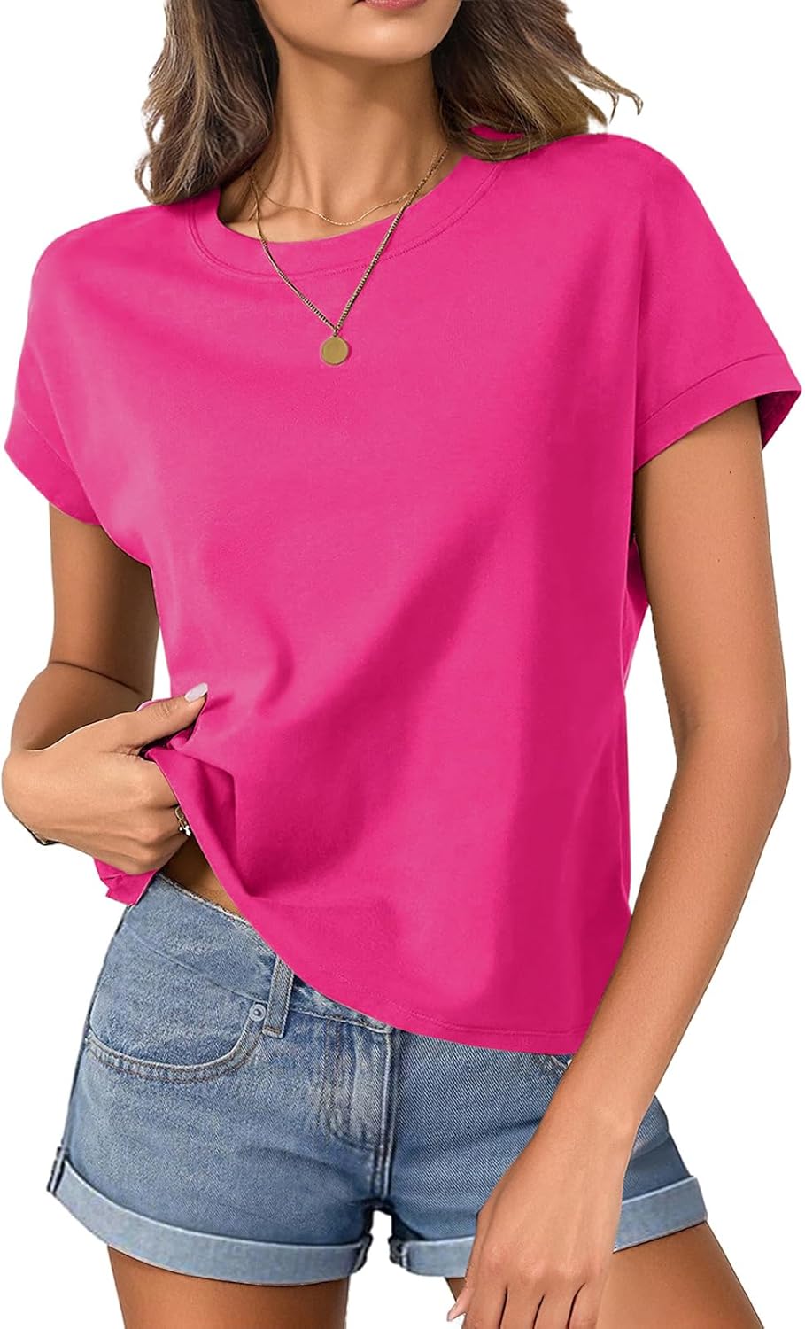 Womens Cap Sleeve Tops T Shirts Boxy Cropped Tee Loose Fit Cotton Crewneck Short Sl...