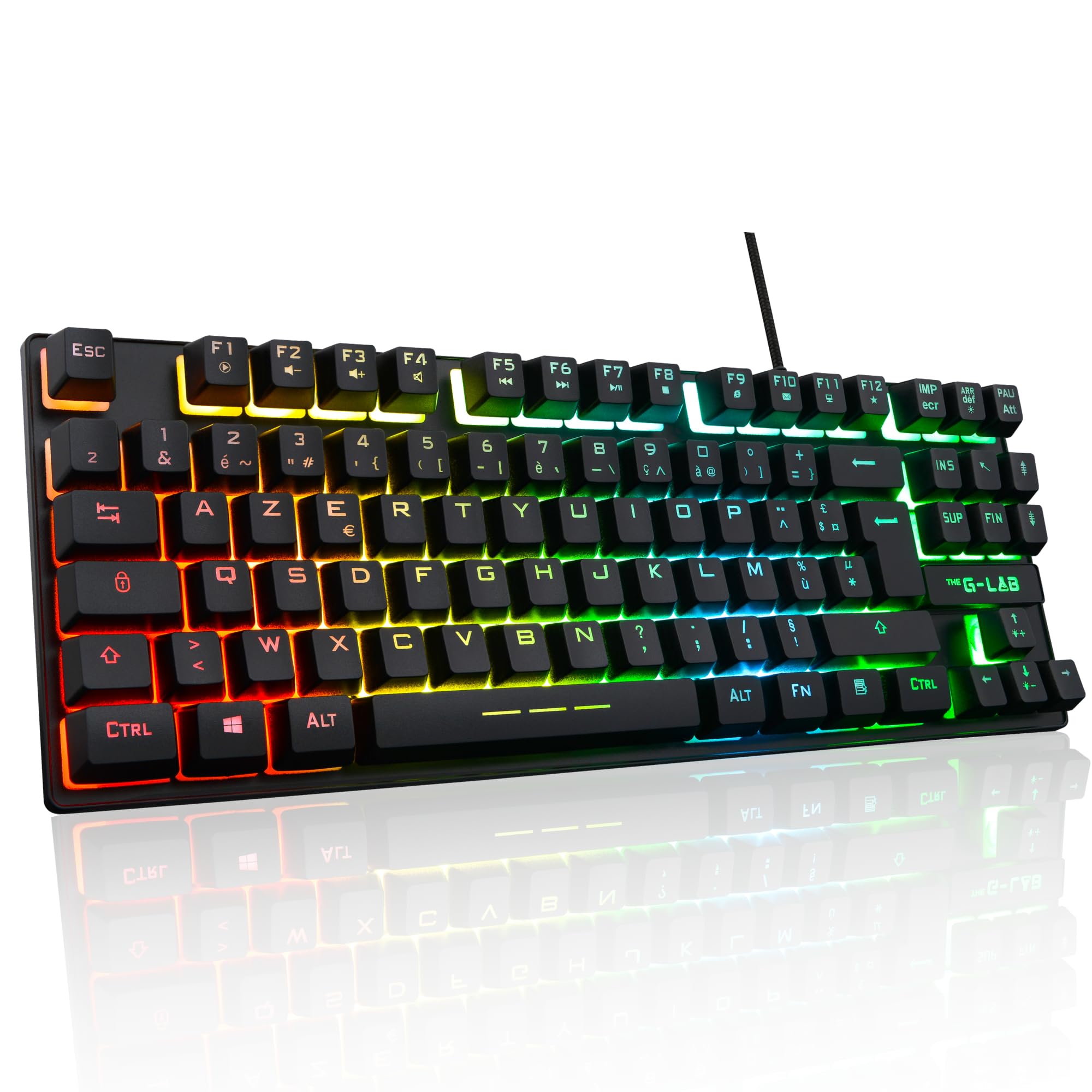 The G-​Lab Keyz Caesium TKL Clavier Gamer TKL 87 Touches Filaire USB AZERTY Français, Rétro-​Éclairage LED Multicolore - Clavier Gaming Compact sans Pavé Numérique pour PC/​PS4/​PS5/​XBOX (Noir)