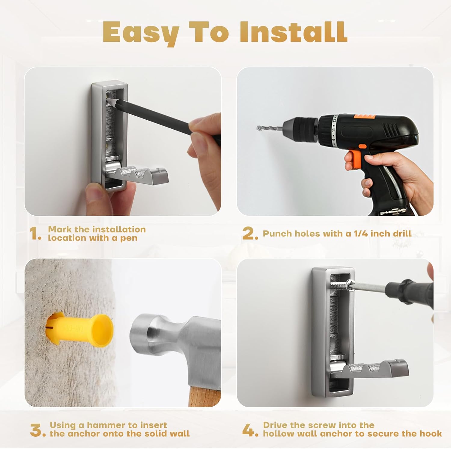 Folding Wall Hook, 4Pcs Foldable Coat Hooks Mounted, Heavy Duty Zinc Alloy No Rust Fold Up Hooks for Hanging Coat, Towel, Key, Hat, Bag, Jacket, Backpack (Brushed Nickel) - Image 9