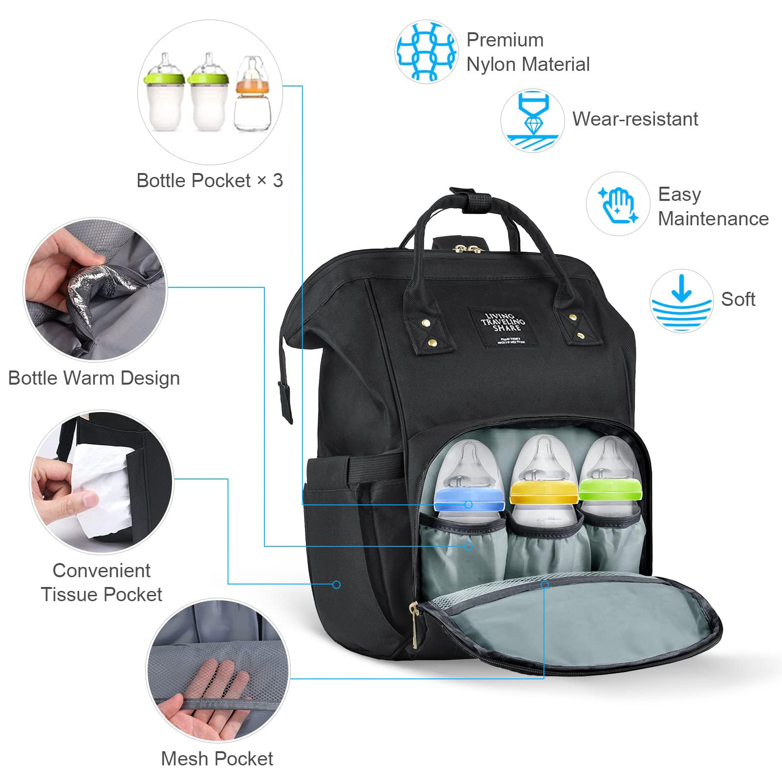 Vicloon Zaino Mamma Multifunzione, Zaino Fasciatoio Impermeabile, Grande Capacità Zaino con 3 Tasche Isolanti Bottiglia, che possono essere utilizzate come tote bag o appese a un carrello