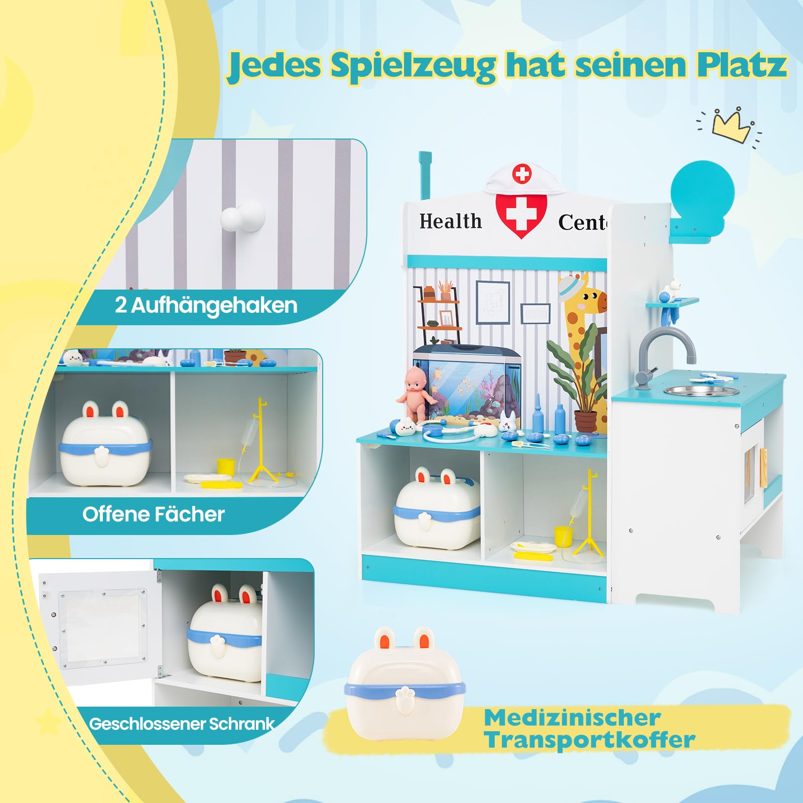 COSTWAY Arzt Kinder Spielset, Doktor Rollenspiel mit Untersuchungsraum & Arztkoffer inkl. 27 TLG. Zubehör, Arzt Set mit Wasserhahn, Waschbecken & EKG-Monitor, Holz Arztpraxis für Kinder ab 3 Jahren